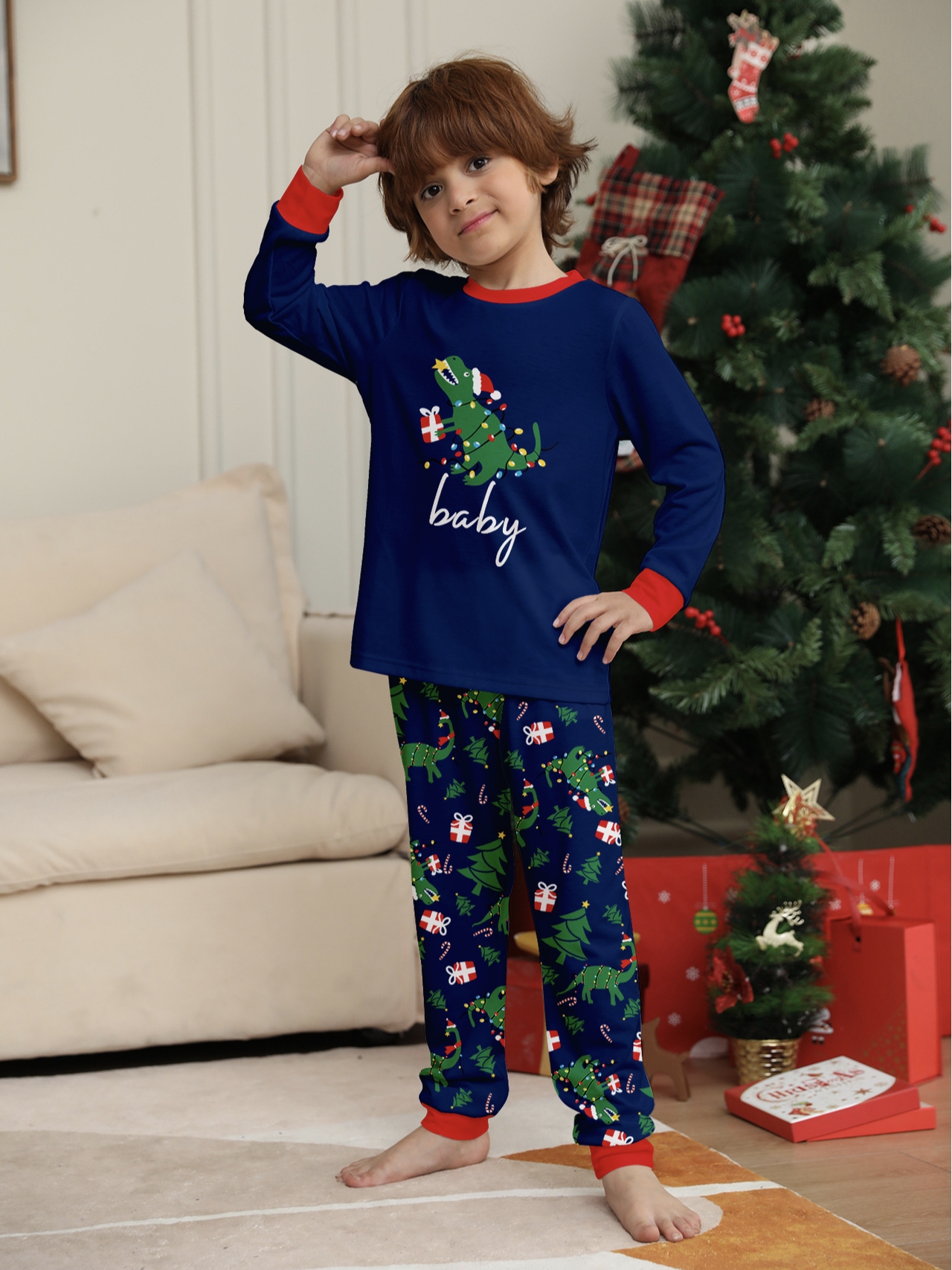 Navy Dinosaur Christmas Print Family Matching Pajamas