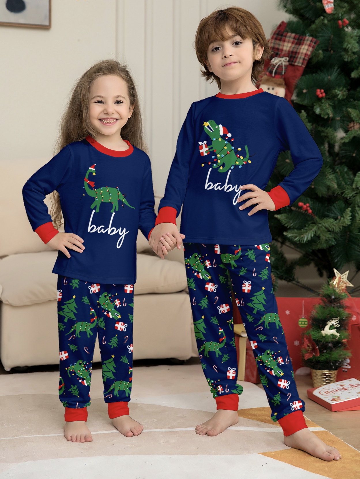 Navy Dinosaur Christmas Print Family Matching Pajamas
