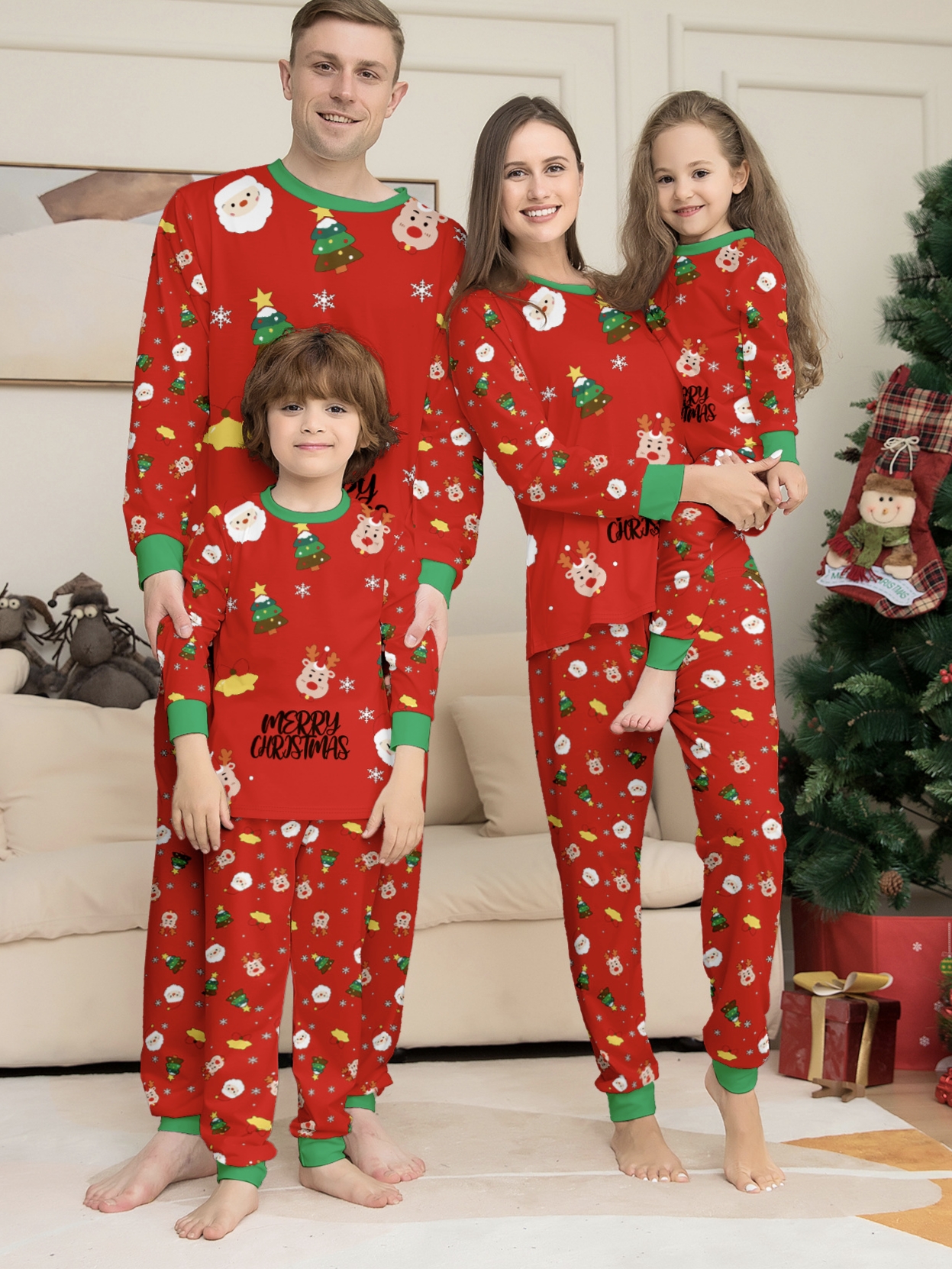 Red Santa Reindeer Christmas Full Print Family Matching Pajamas