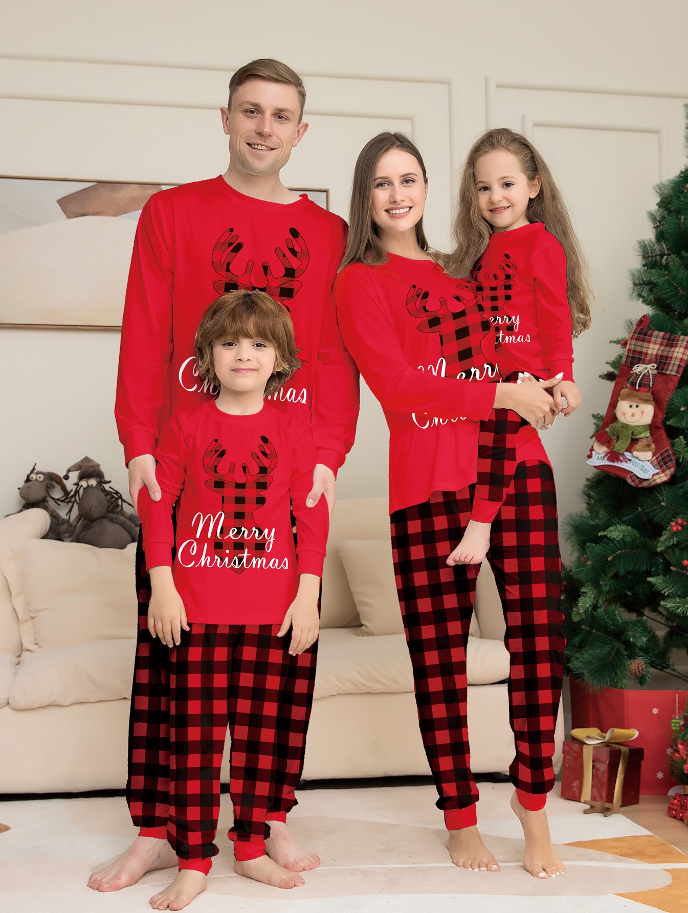 Red Plaid Reindeer Letter Family Matching Pajamas