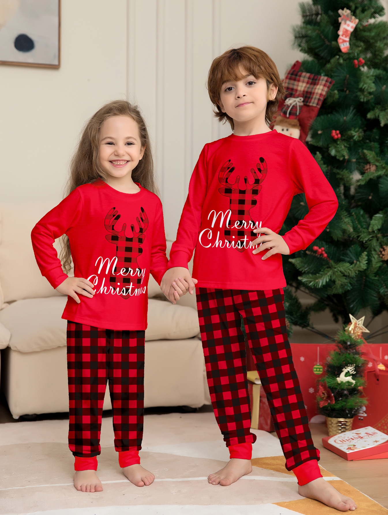 Red Plaid Reindeer Letter Family Matching Pajamas