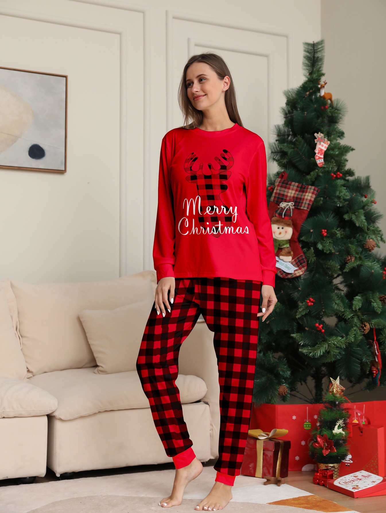 Red Plaid Reindeer Letter Family Matching Pajamas