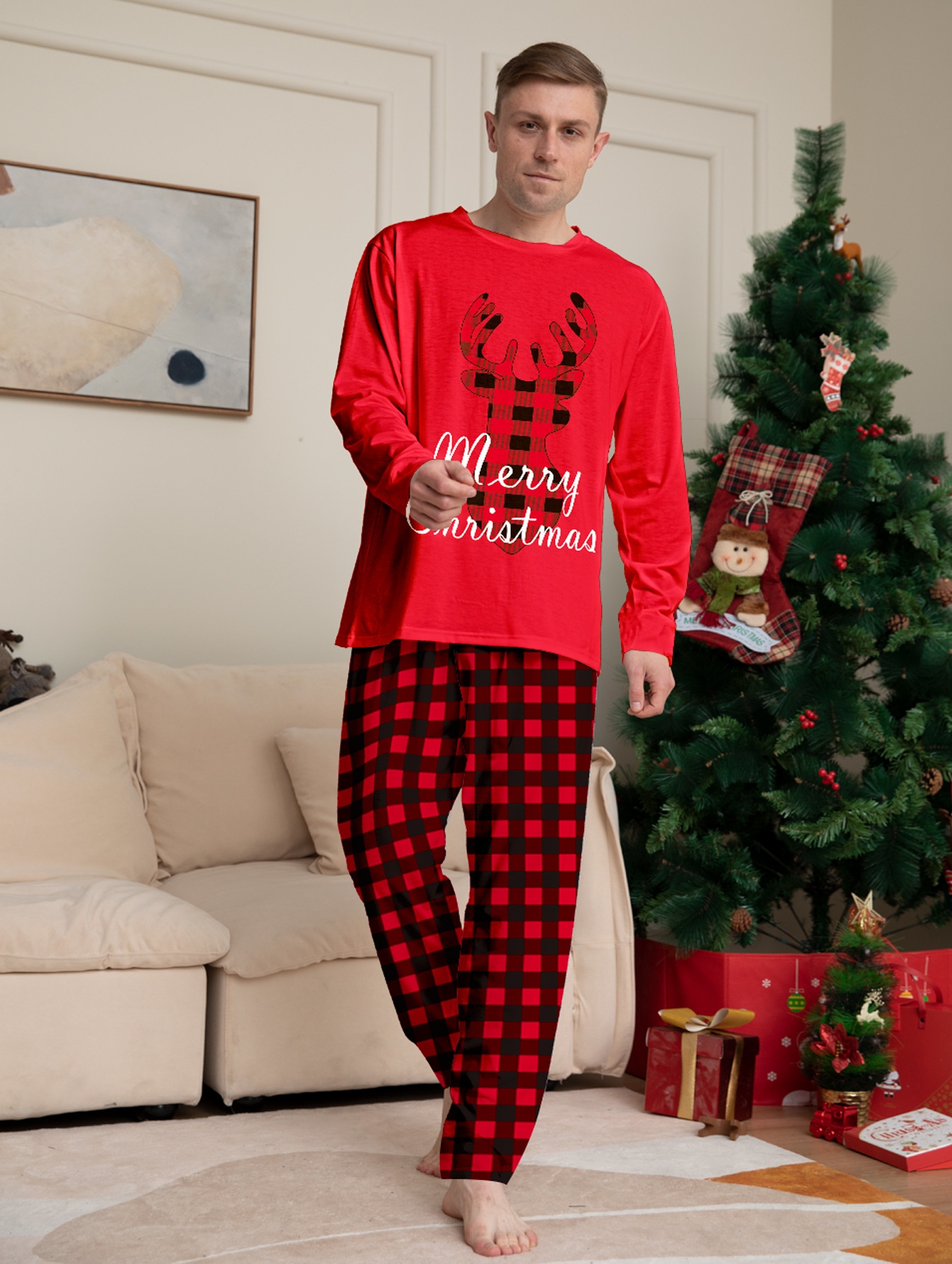 Red Plaid Reindeer Letter Family Matching Pajamas