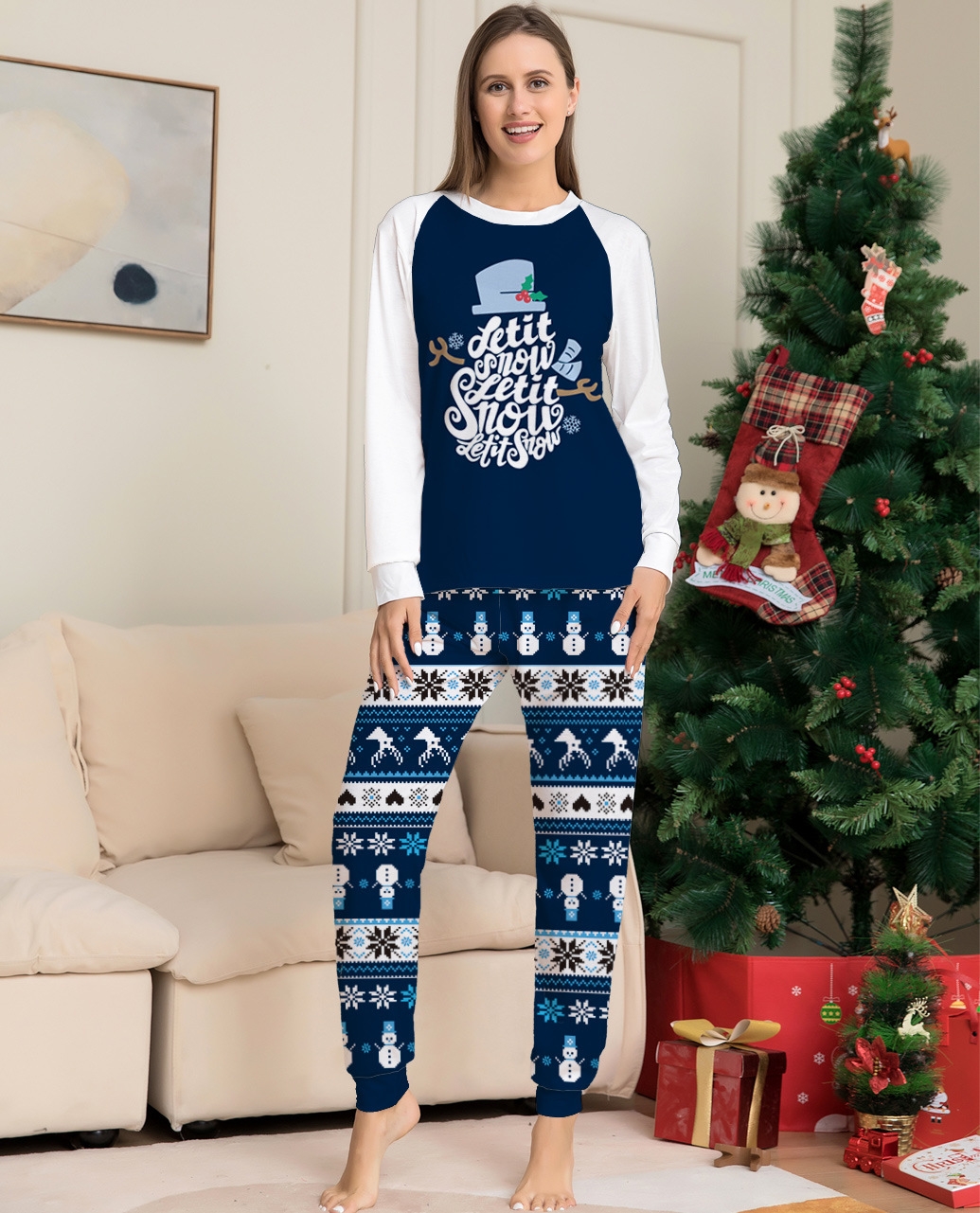 Navy Blue Snowman Snowflake Raglan Family Matching Pajamas