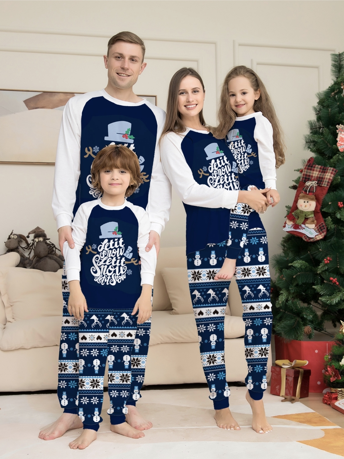 Navy Blue Snowman Snowflake Raglan Family Matching Pajamas