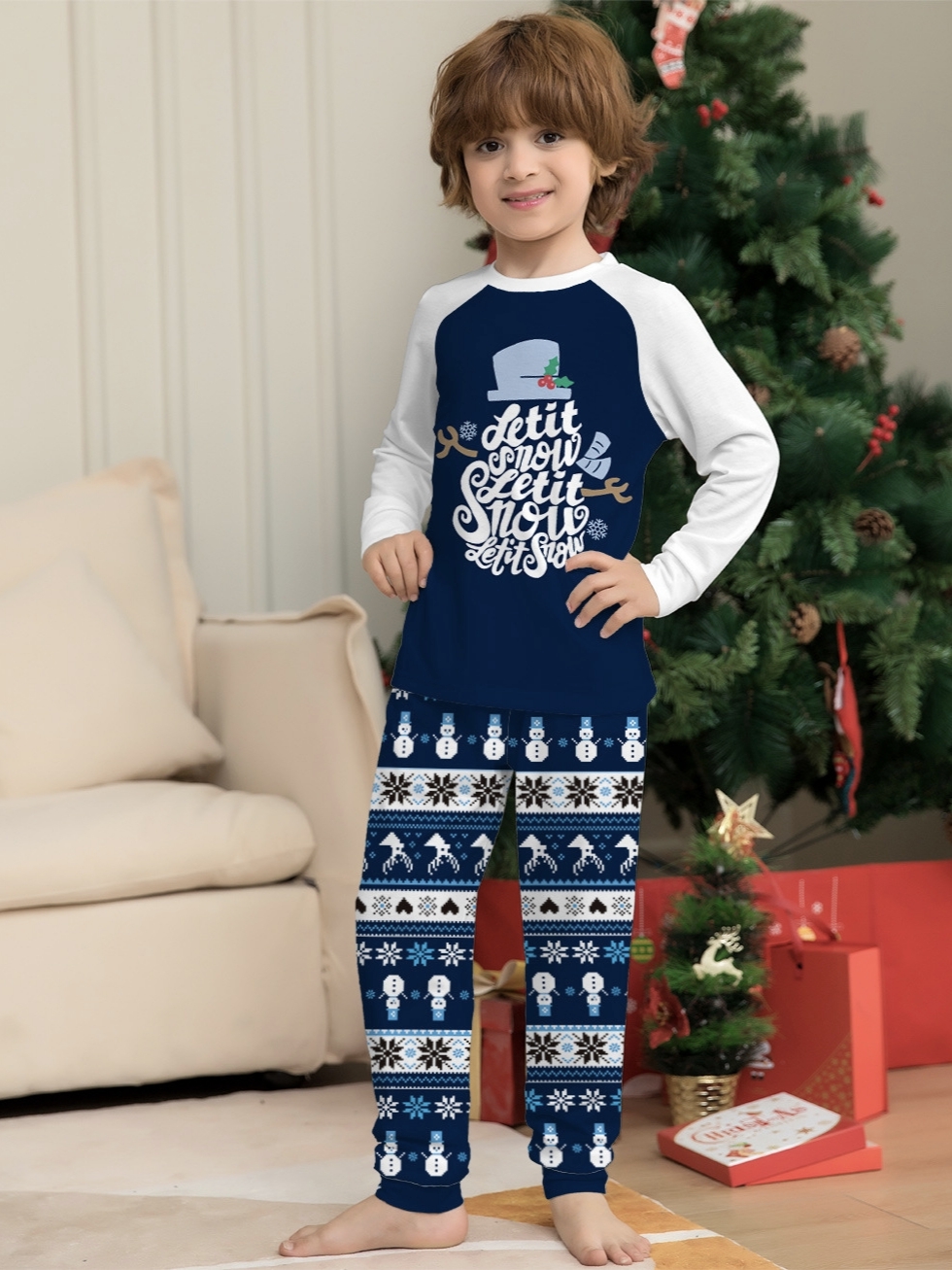 Navy Blue Snowman Snowflake Raglan Family Matching Pajamas