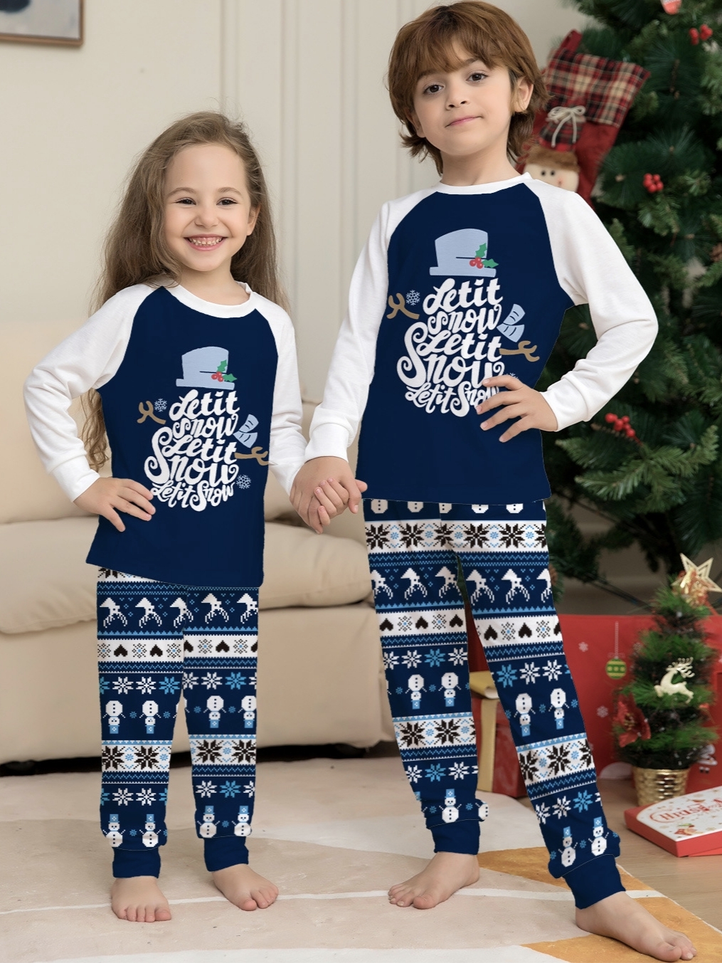 Navy Blue Snowman Snowflake Raglan Family Matching Pajamas