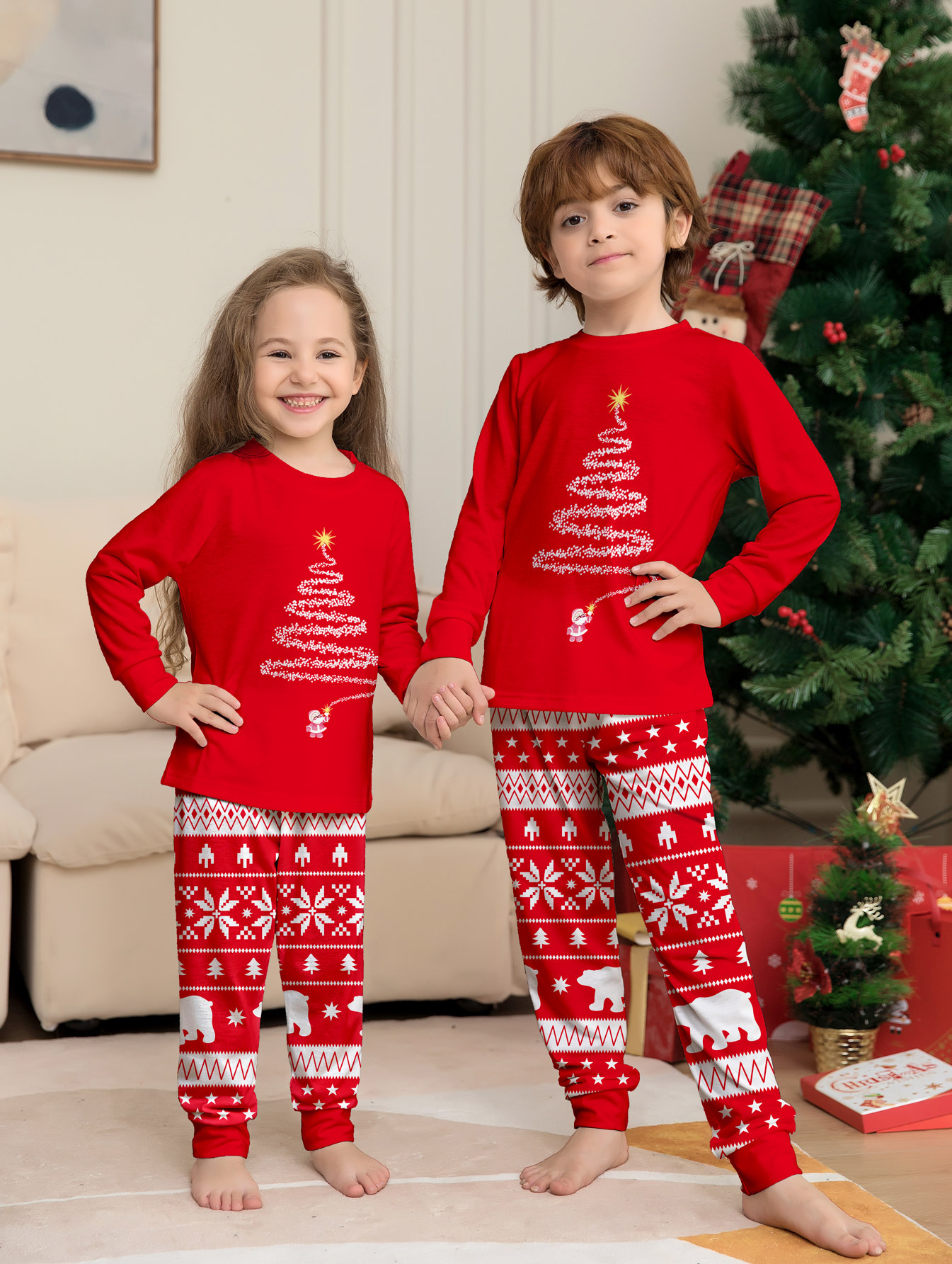 Red Christmas Tree & Polar Bear Family Matching Pajamas