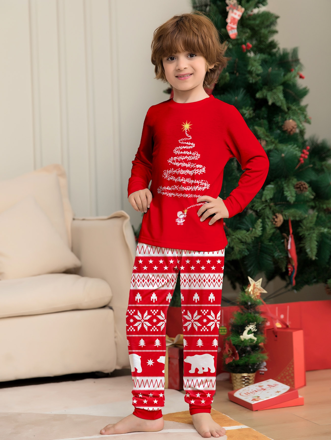 Red Christmas Tree & Polar Bear Family Matching Pajamas