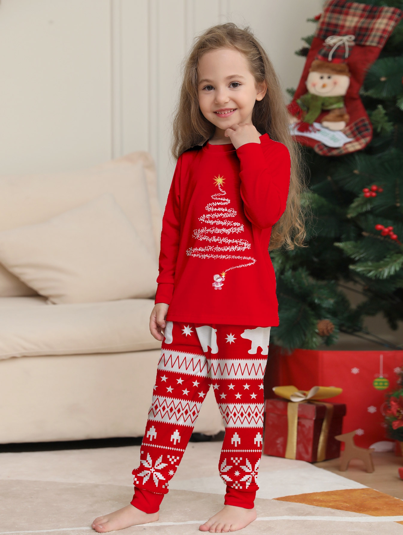 Red Christmas Tree & Polar Bear Family Matching Pajamas