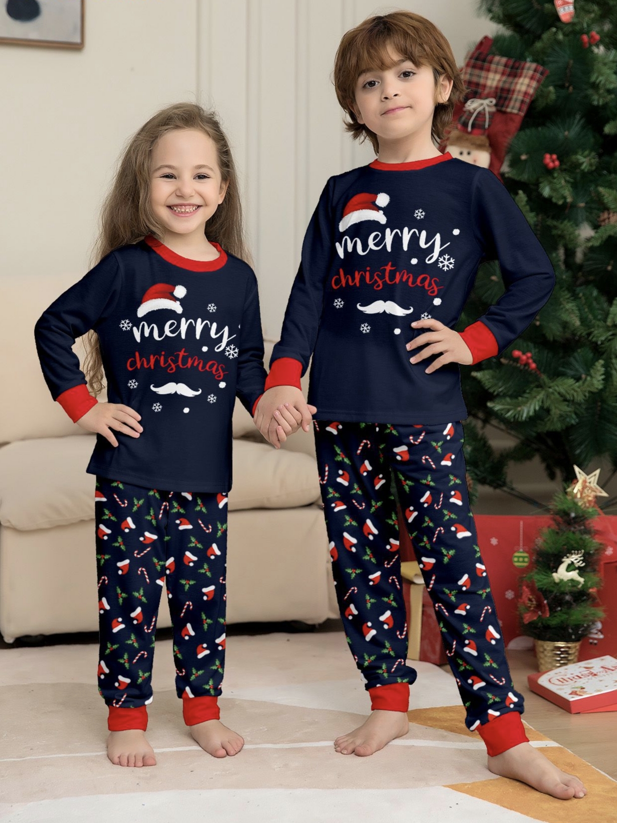 Navy Santa Hat & Candy Cane Family Matching Pajamas