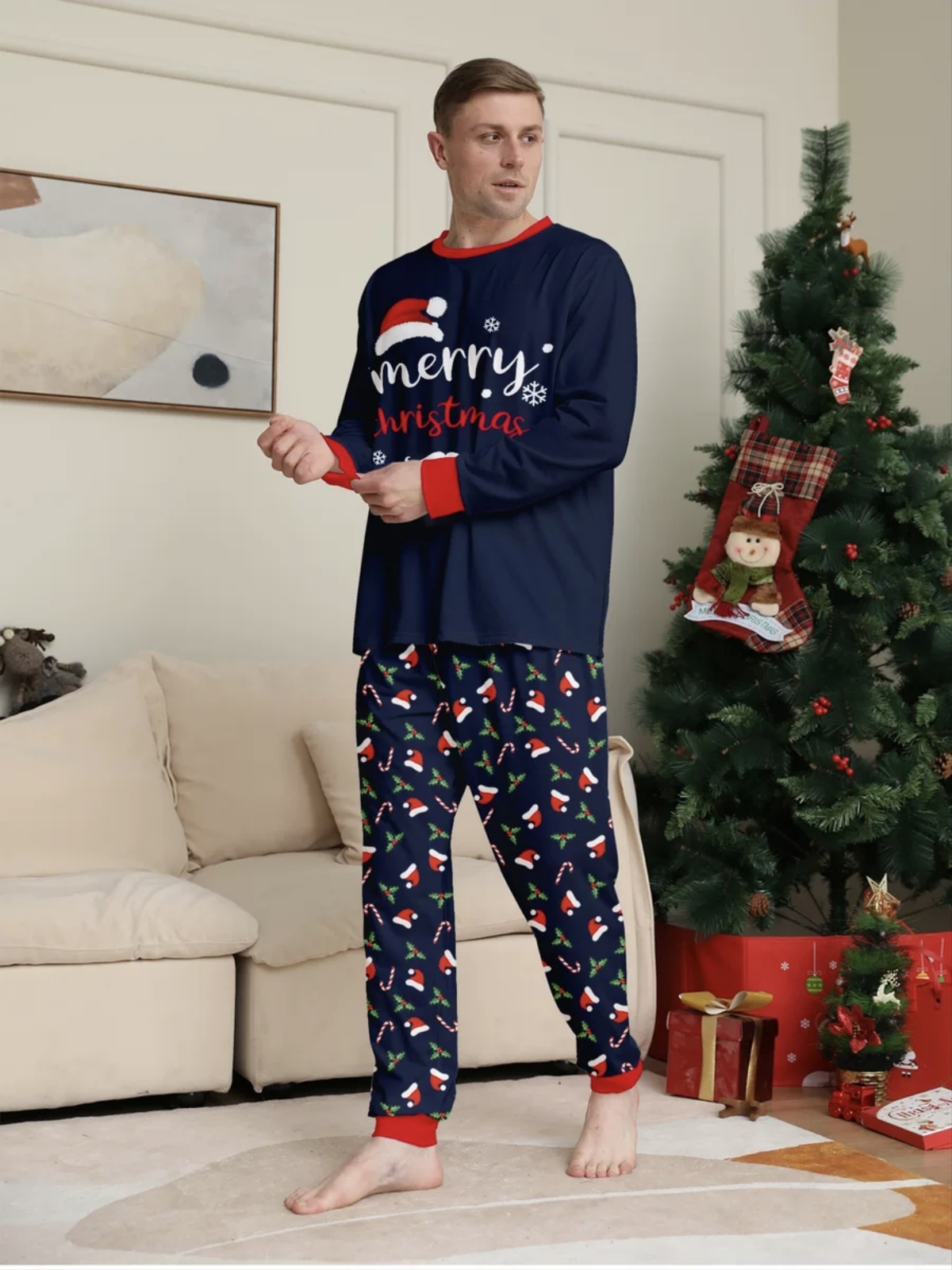 Navy Santa Hat & Candy Cane Family Matching Pajamas
