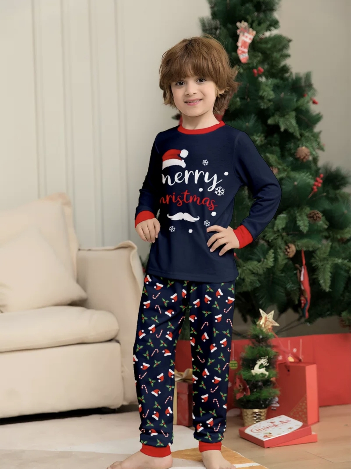 Navy Santa Hat & Candy Cane Family Matching Pajamas