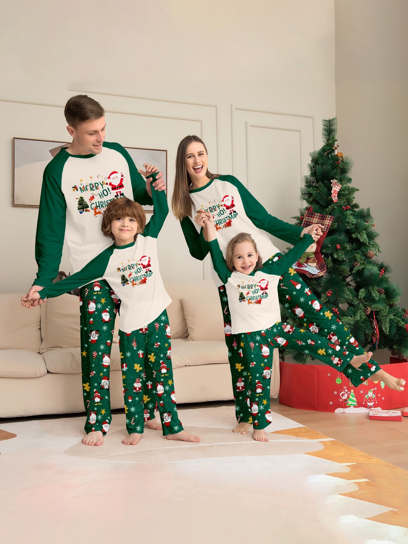 Green White Raglan Santa Family Matching Pajamas