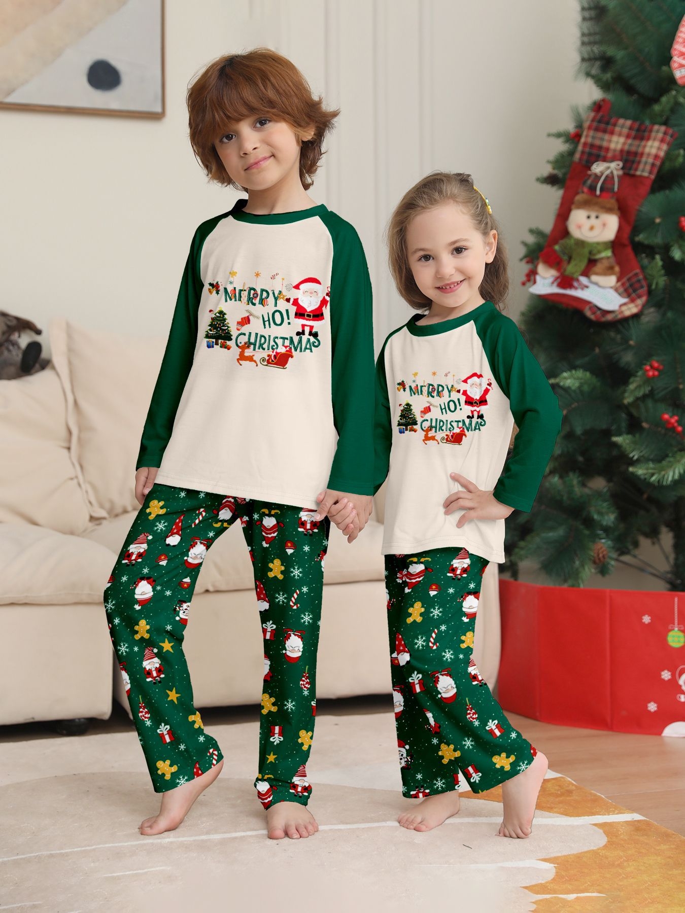 Green White Raglan Santa Family Matching Pajamas