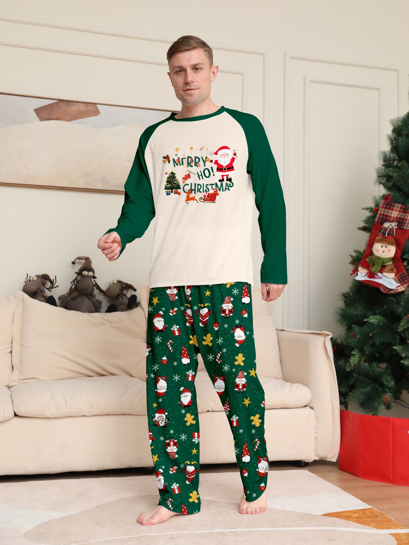 Green White Raglan Santa Family Matching Pajamas