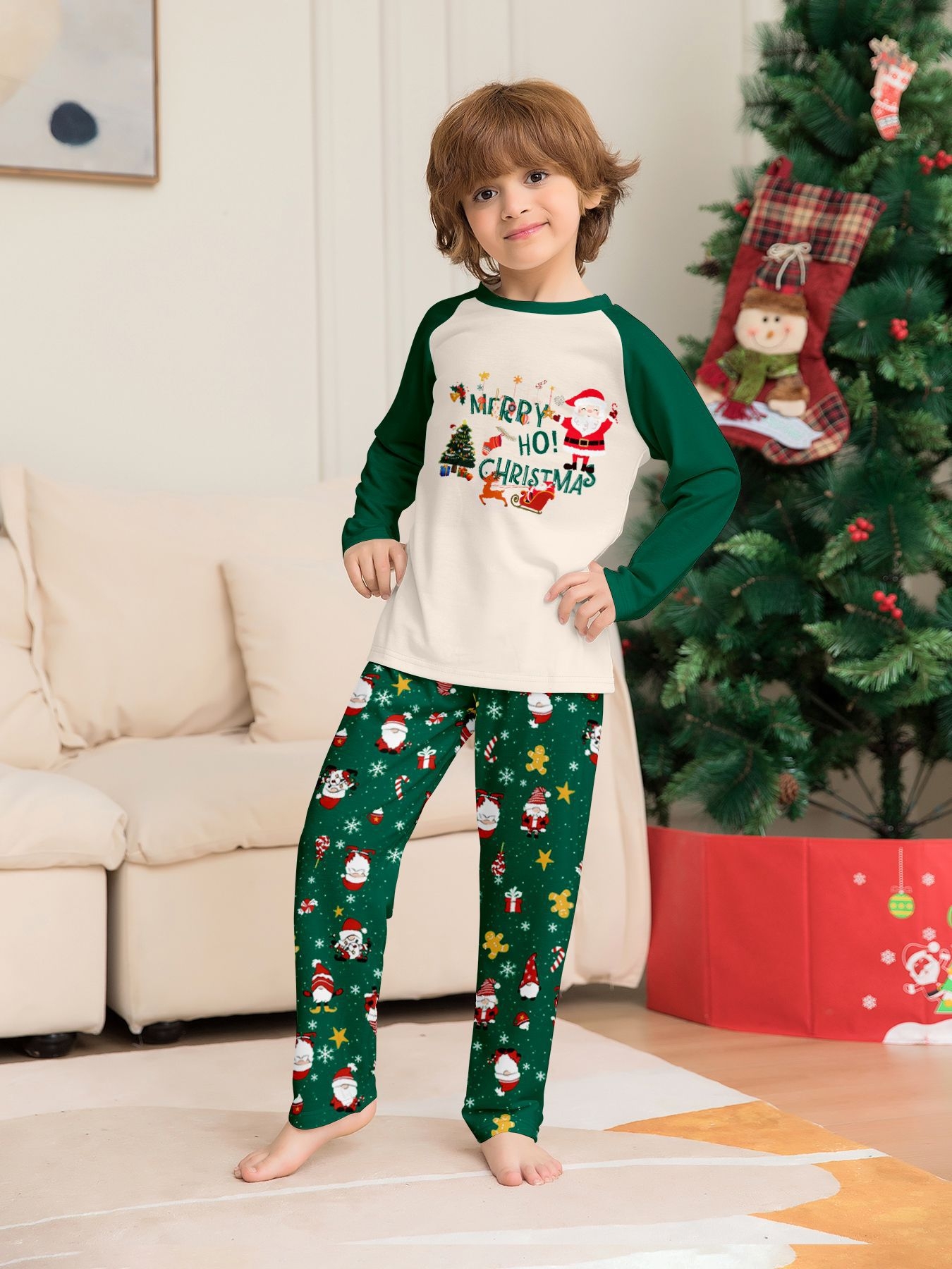 Green White Raglan Santa Family Matching Pajamas