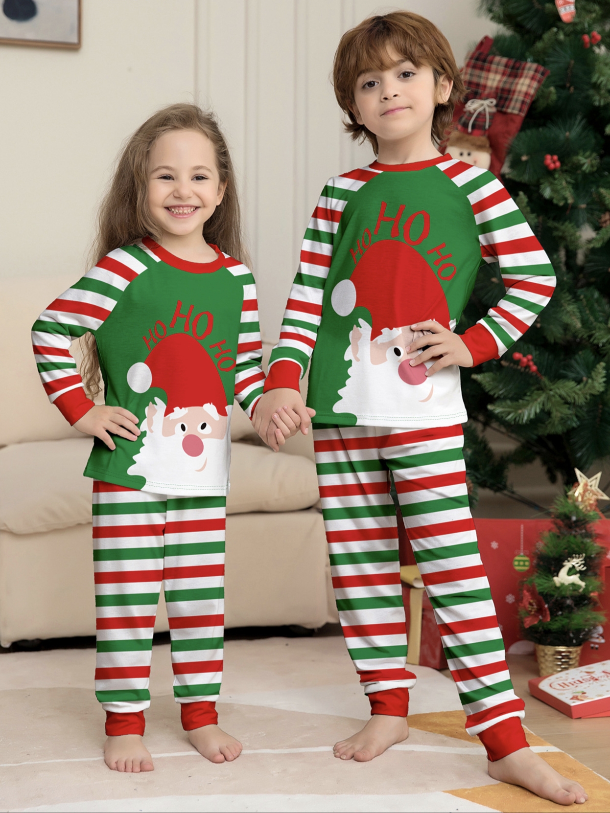 Green Red Stripe Santa Family Matching Pajamas