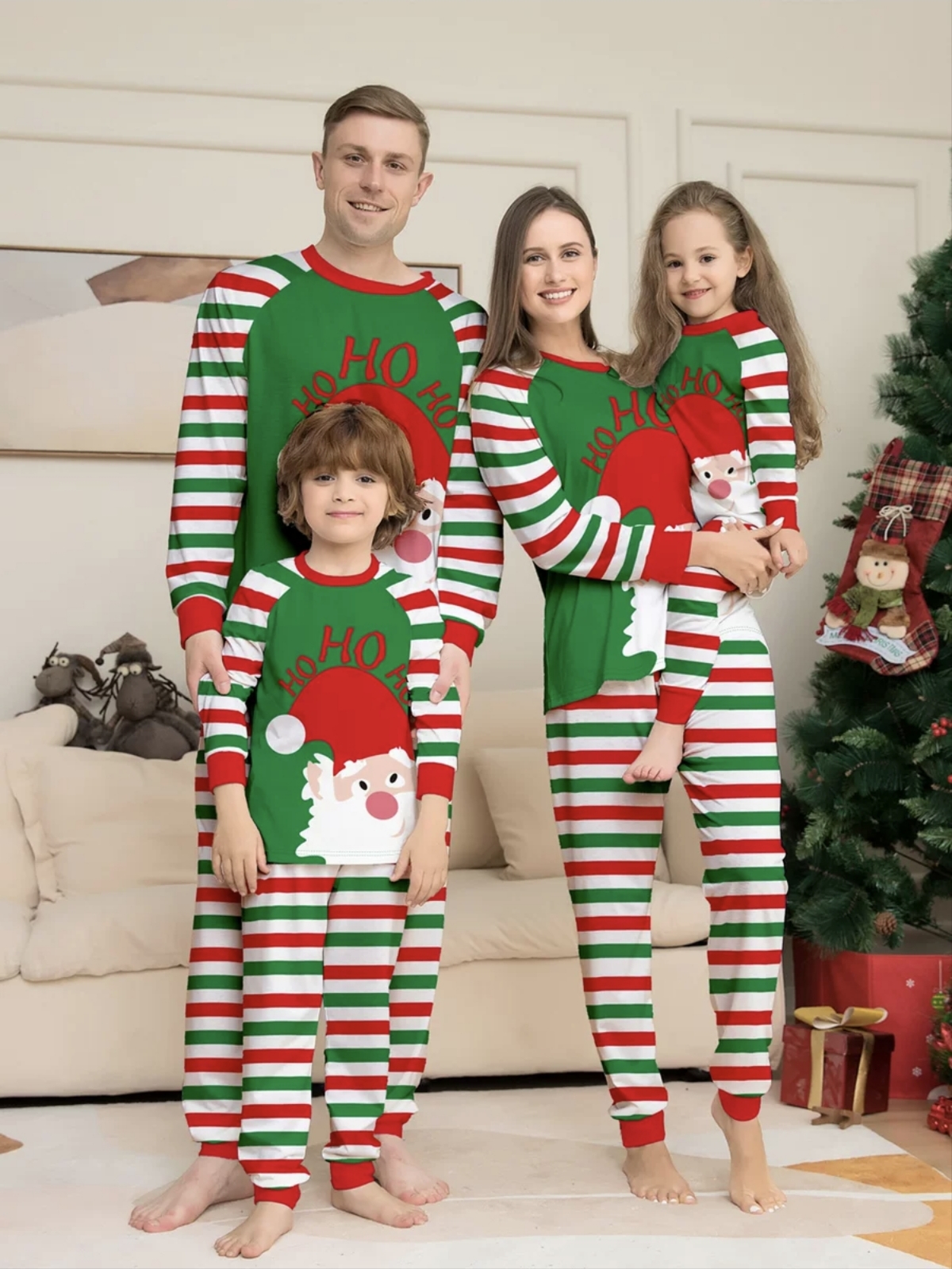 Green Red Stripe Santa Family Matching Pajamas