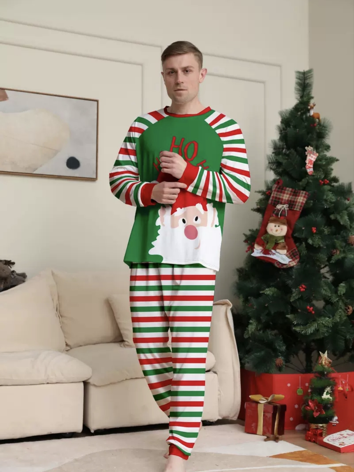 Green Red Stripe Santa Family Matching Pajamas