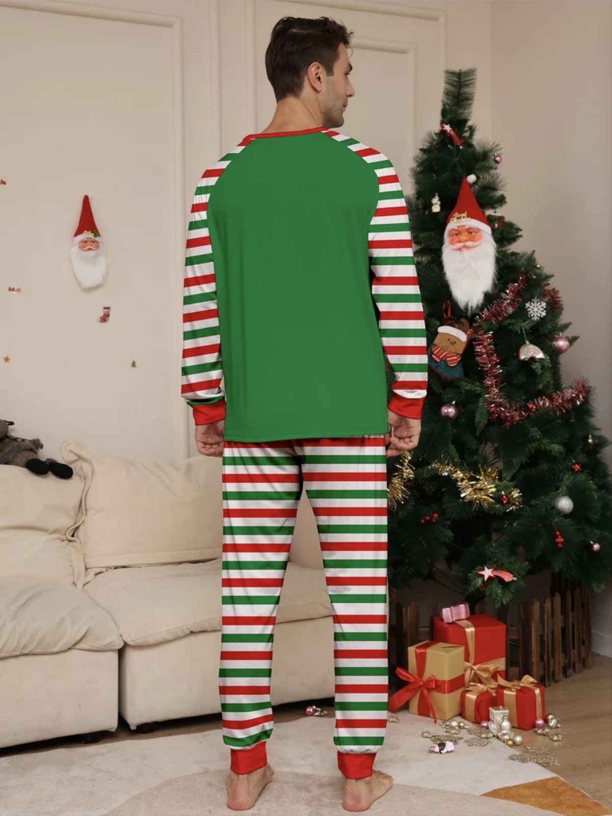 Green Red Stripe Santa Family Matching Pajamas
