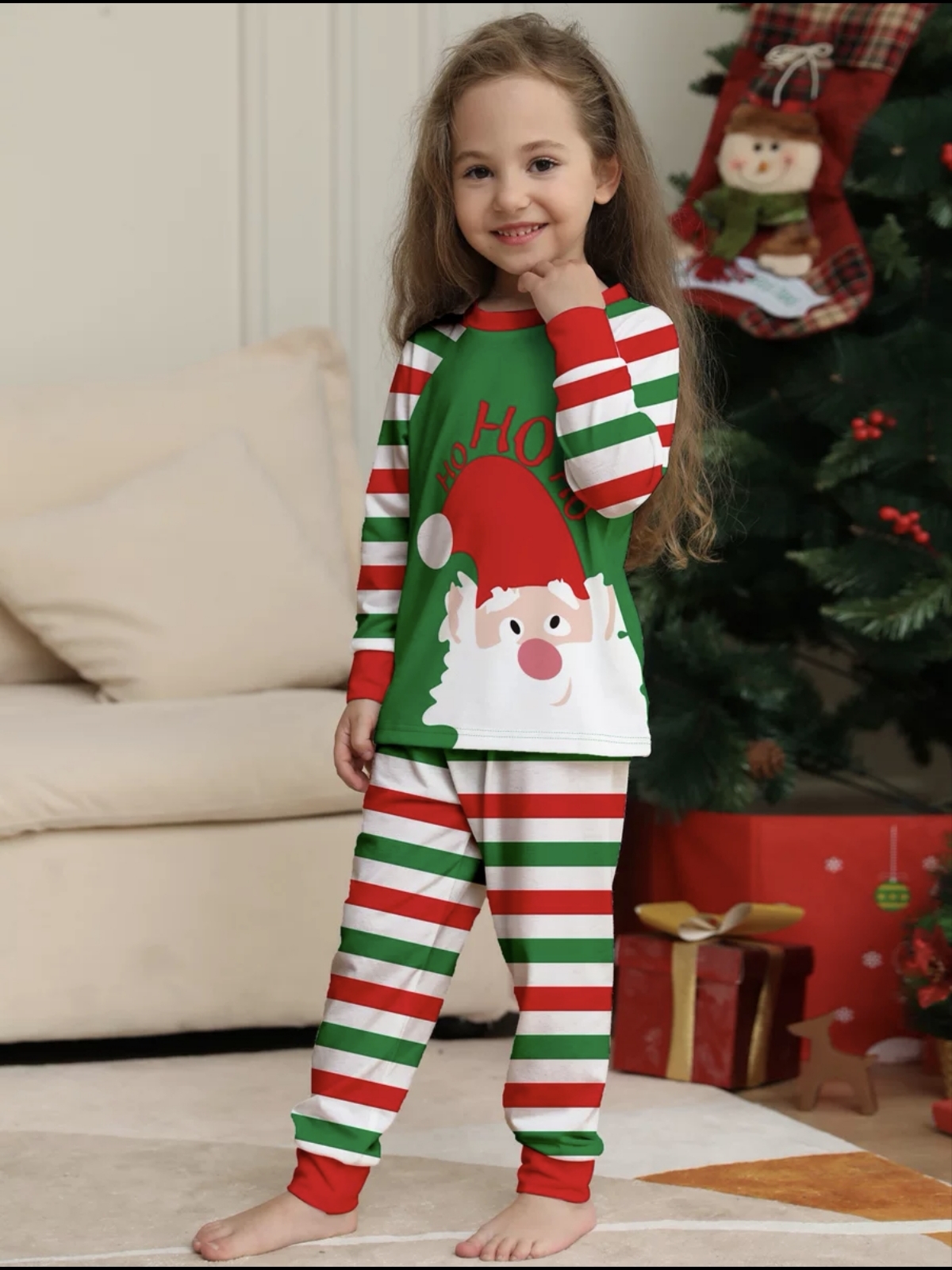 Green Red Stripe Santa Family Matching Pajamas