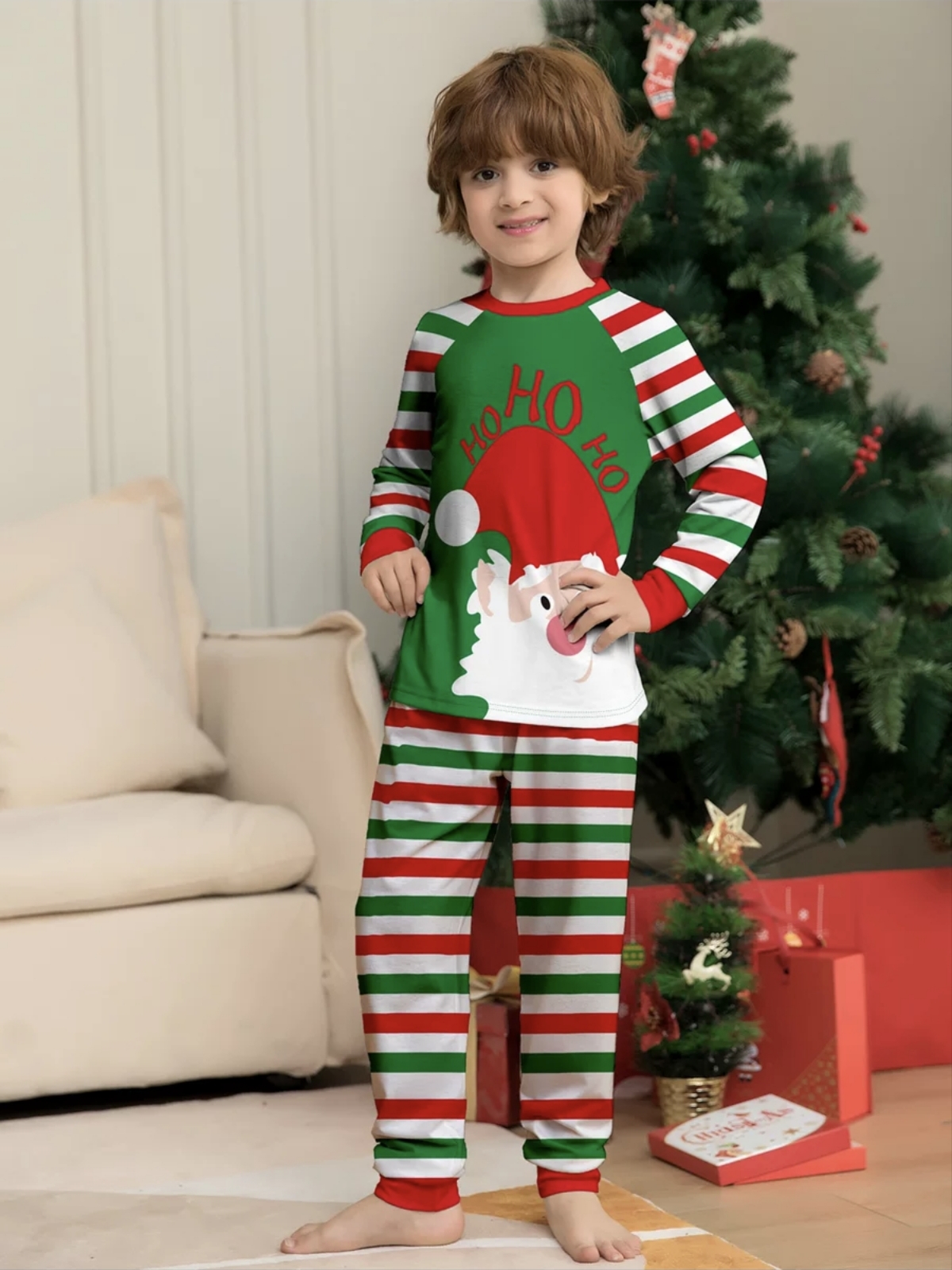 Green Red Stripe Santa Family Matching Pajamas
