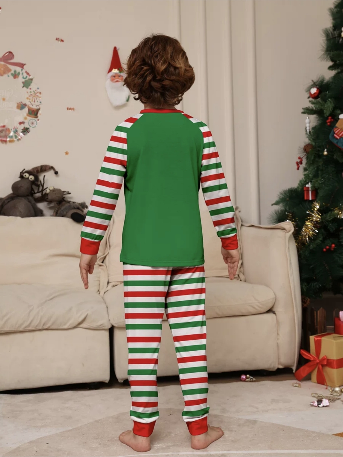 Green Red Stripe Santa Family Matching Pajamas