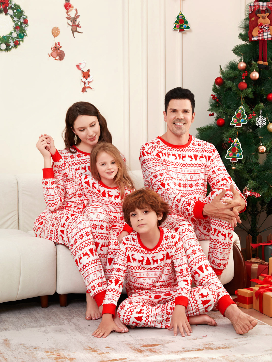 Red Nordic Reindeer Knit Pattern Family Matching Pajamas