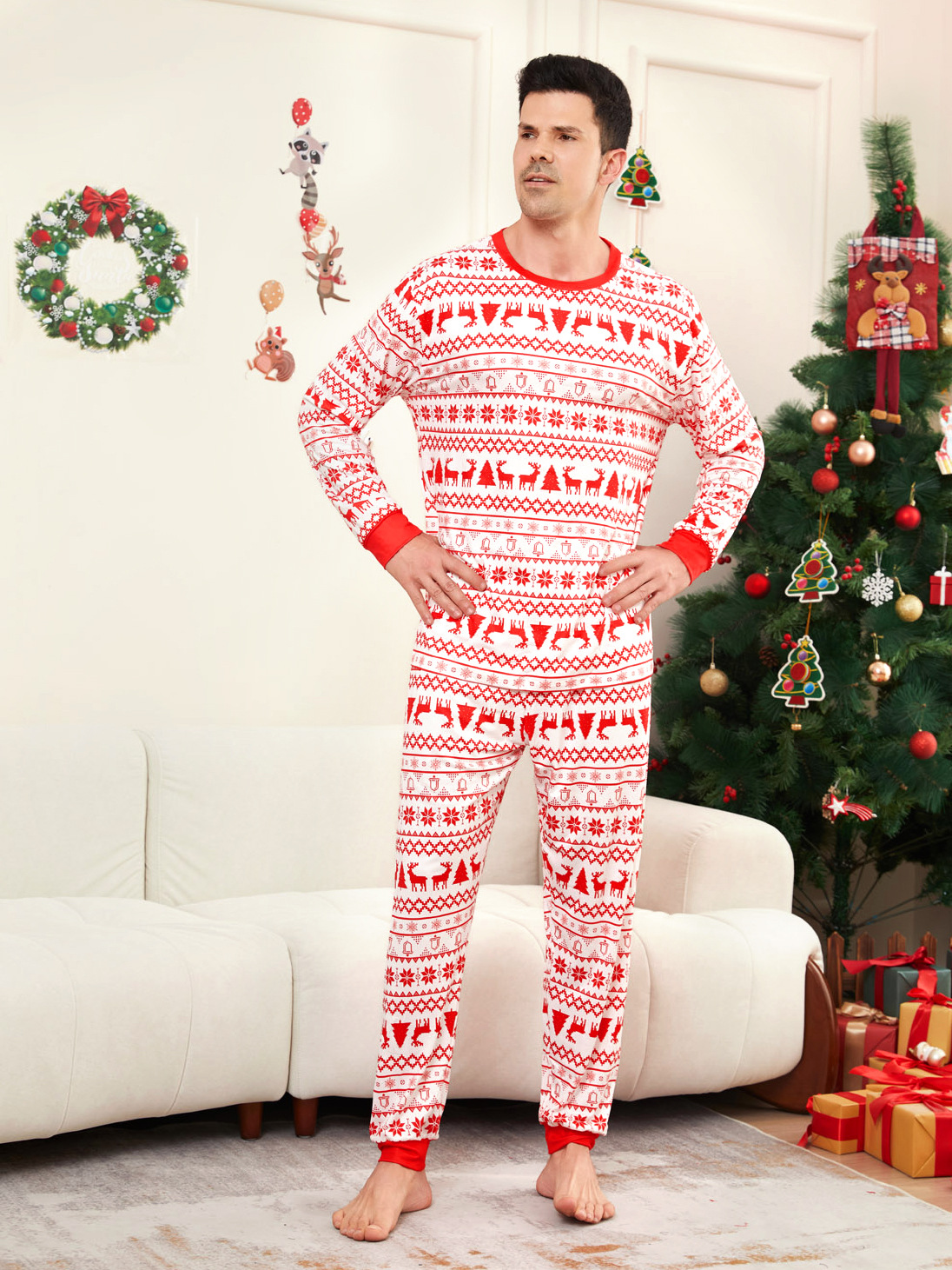 Red Nordic Reindeer Knit Pattern Family Matching Pajamas