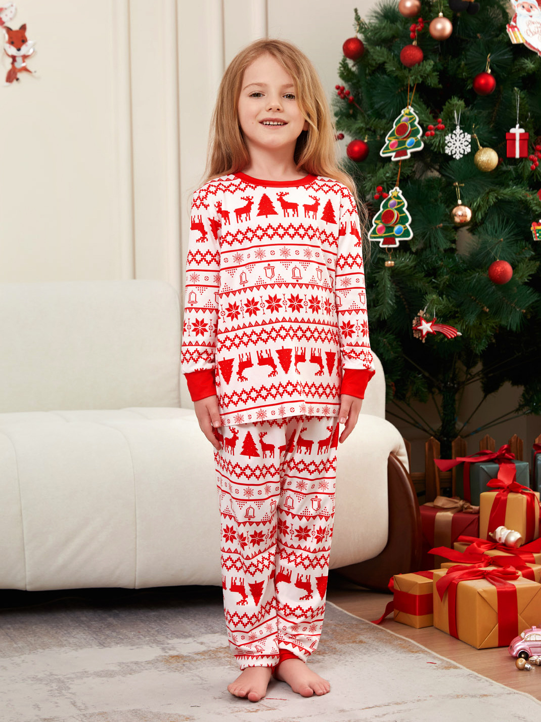 Red Nordic Reindeer Knit Pattern Family Matching Pajamas
