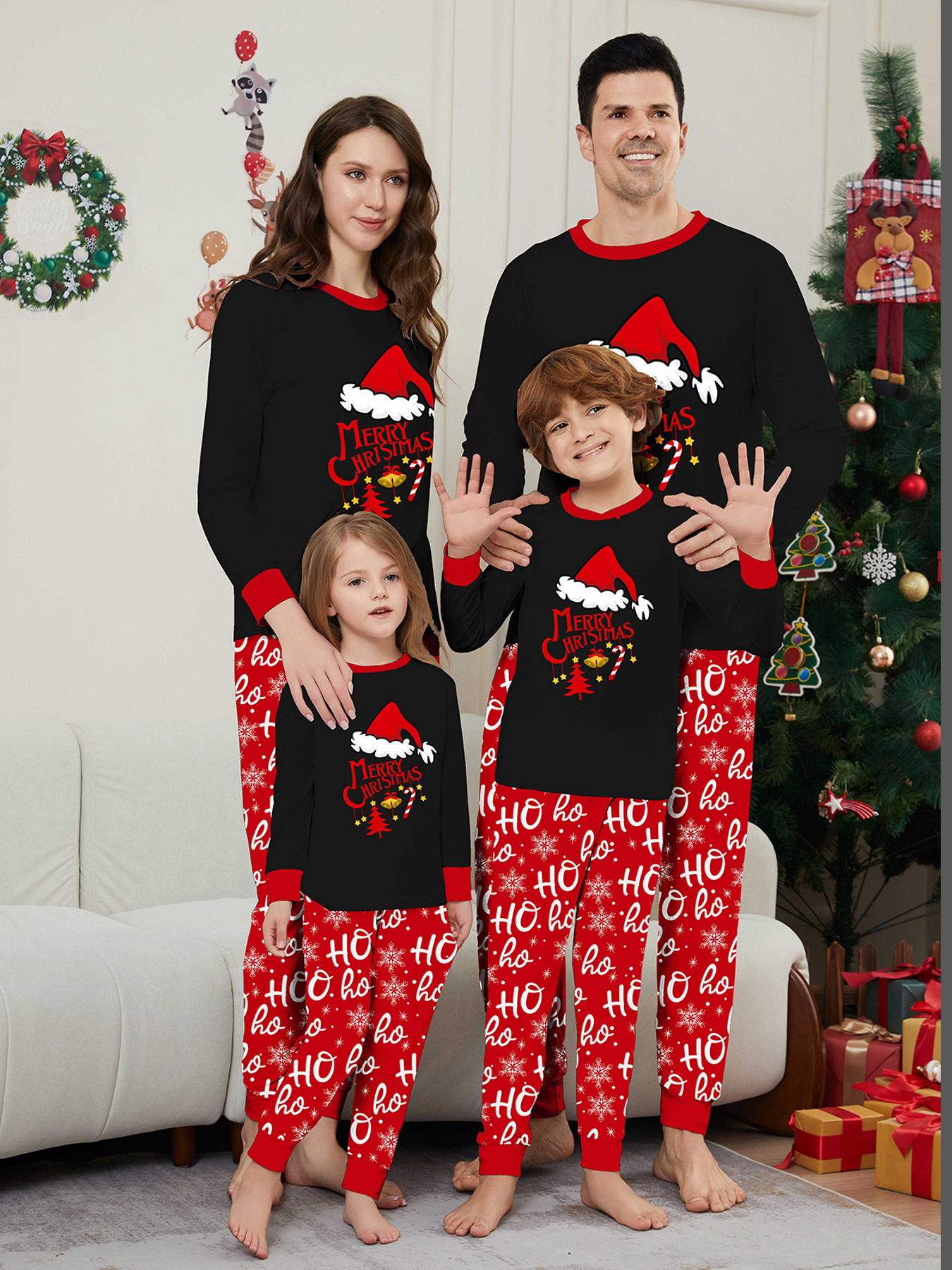 Black Top Red Ho Ho Ho Snowflake Family Pajamas