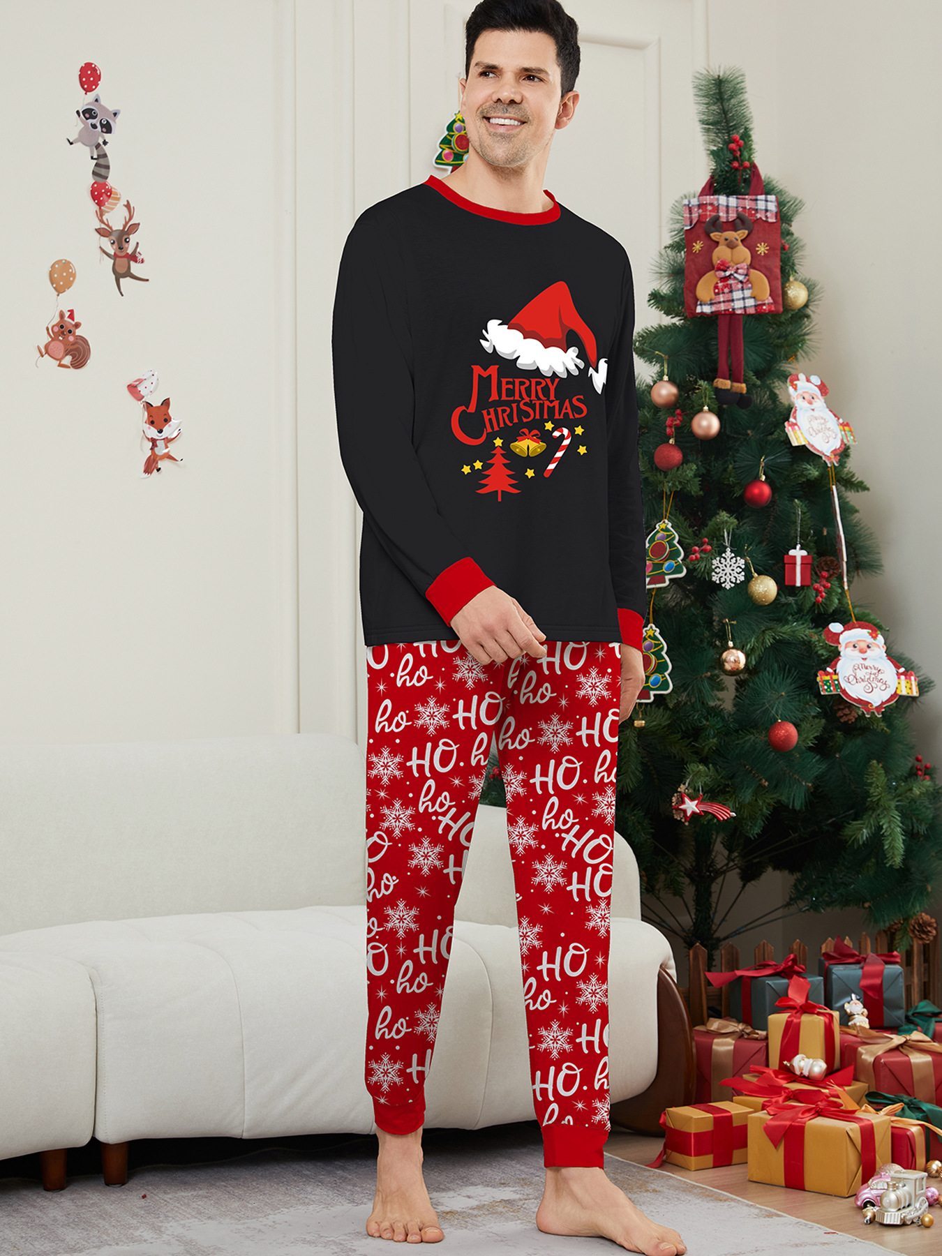 Black Top Red Ho Ho Ho Snowflake Family Pajamas