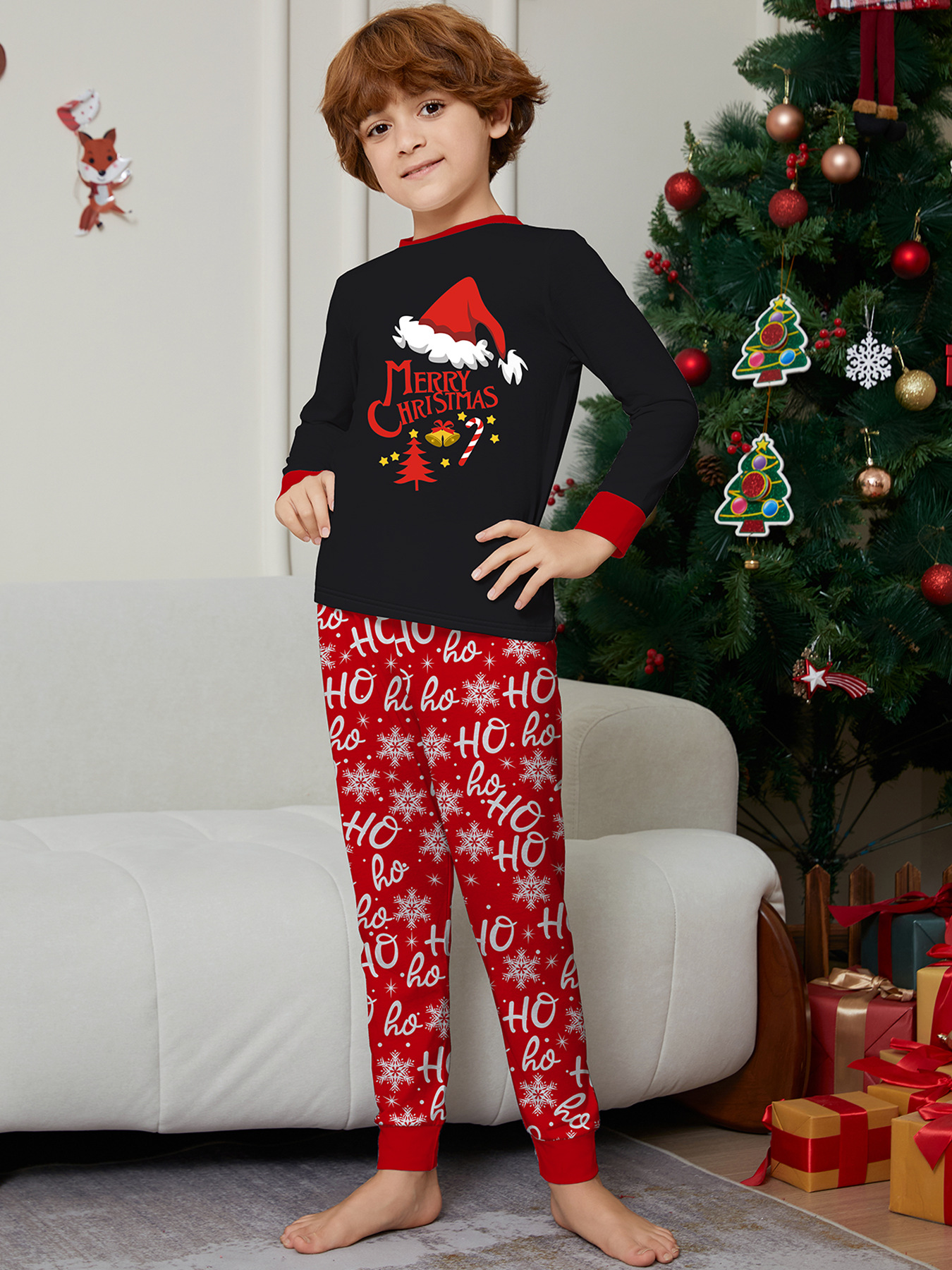 Black Top Red Ho Ho Ho Snowflake Family Pajamas