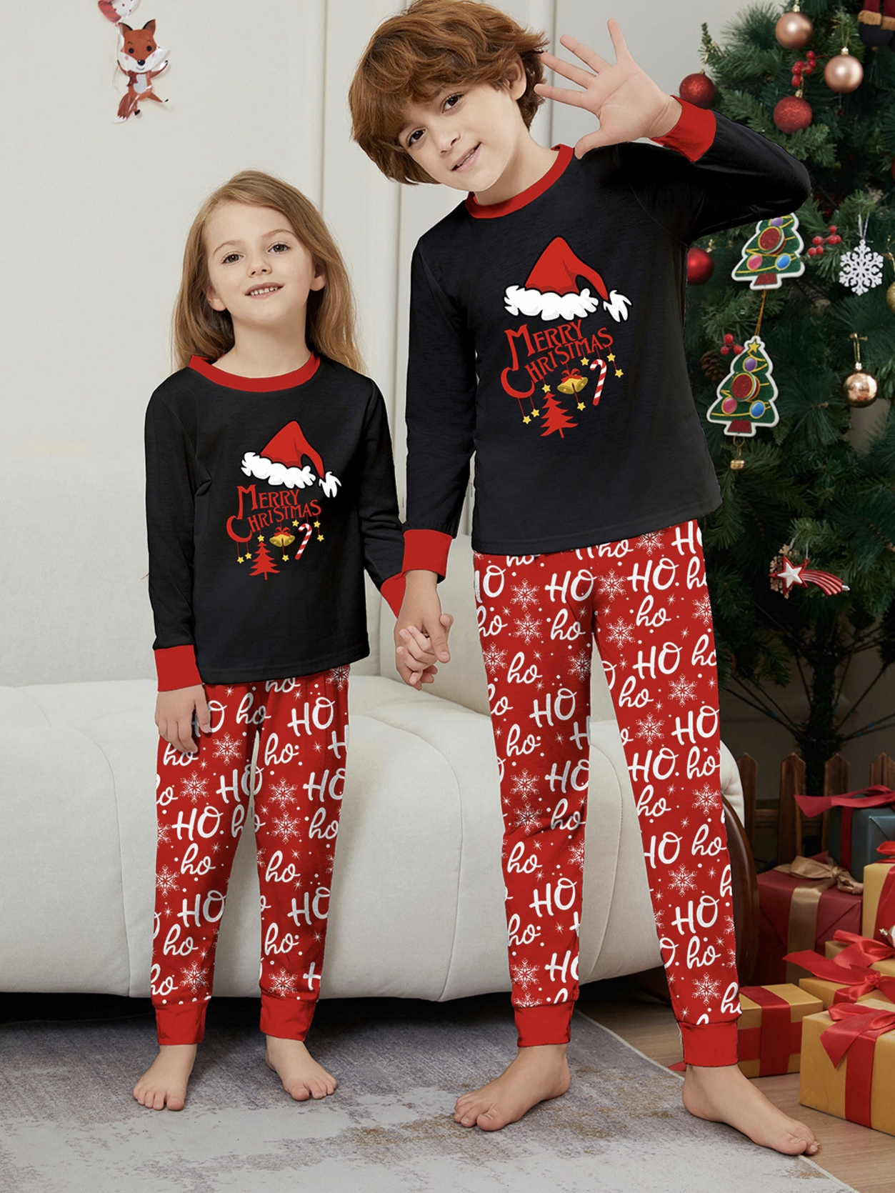 Black Top Red Ho Ho Ho Snowflake Family Pajamas