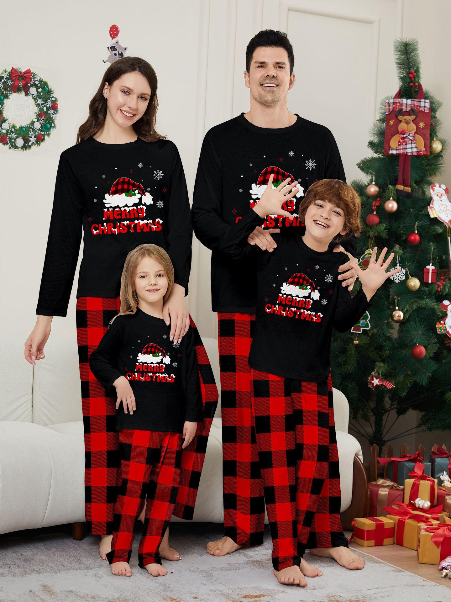 Black Top Red Buffalo Plaid Santa Family Matching Pajamas