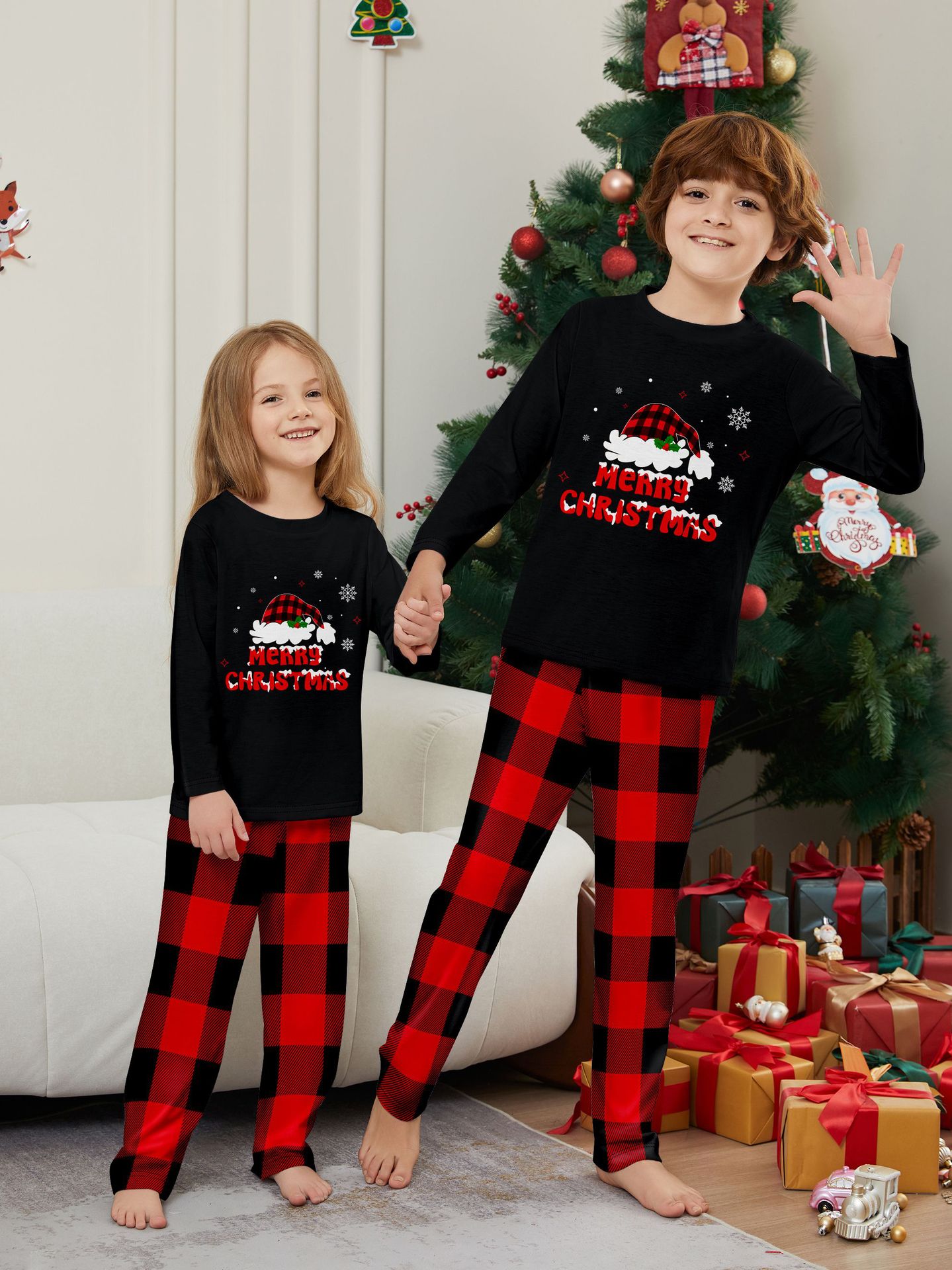 Black Top Red Buffalo Plaid Santa Family Matching Pajamas