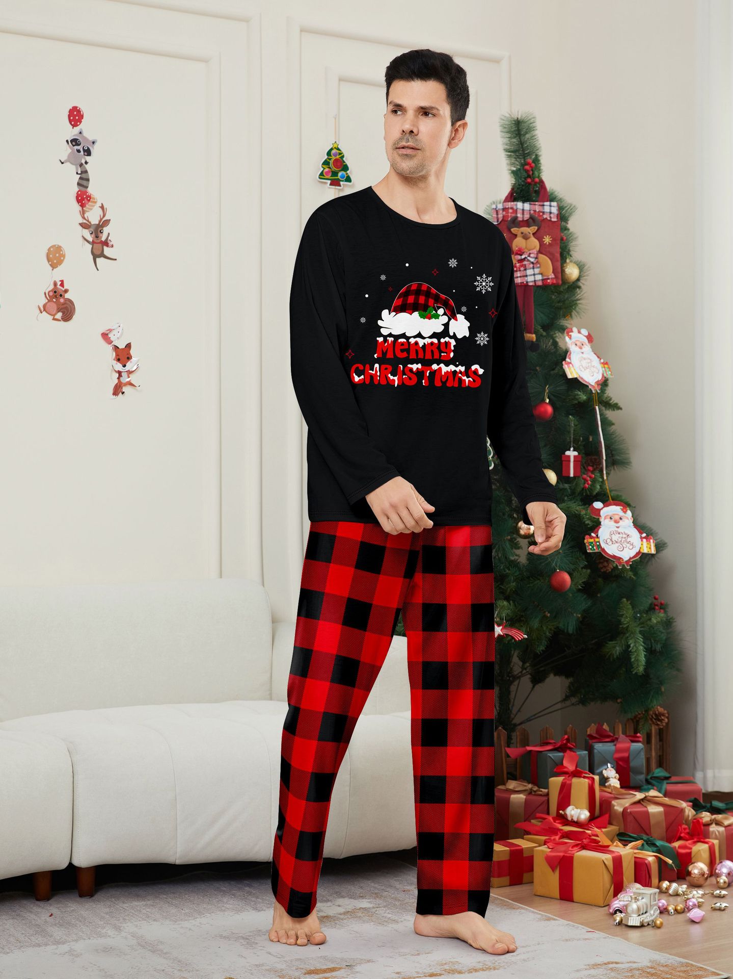 Black Top Red Buffalo Plaid Santa Family Matching Pajamas