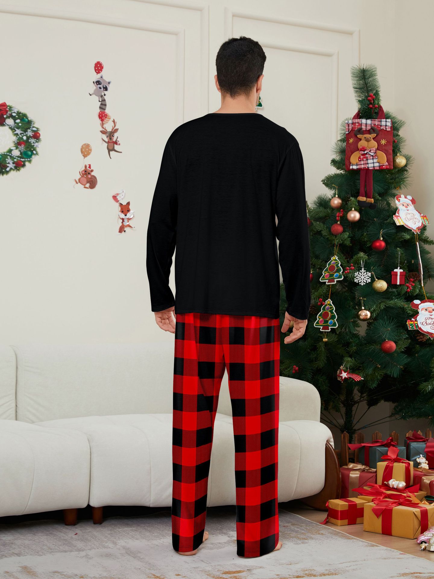 Black Top Red Buffalo Plaid Santa Family Matching Pajamas