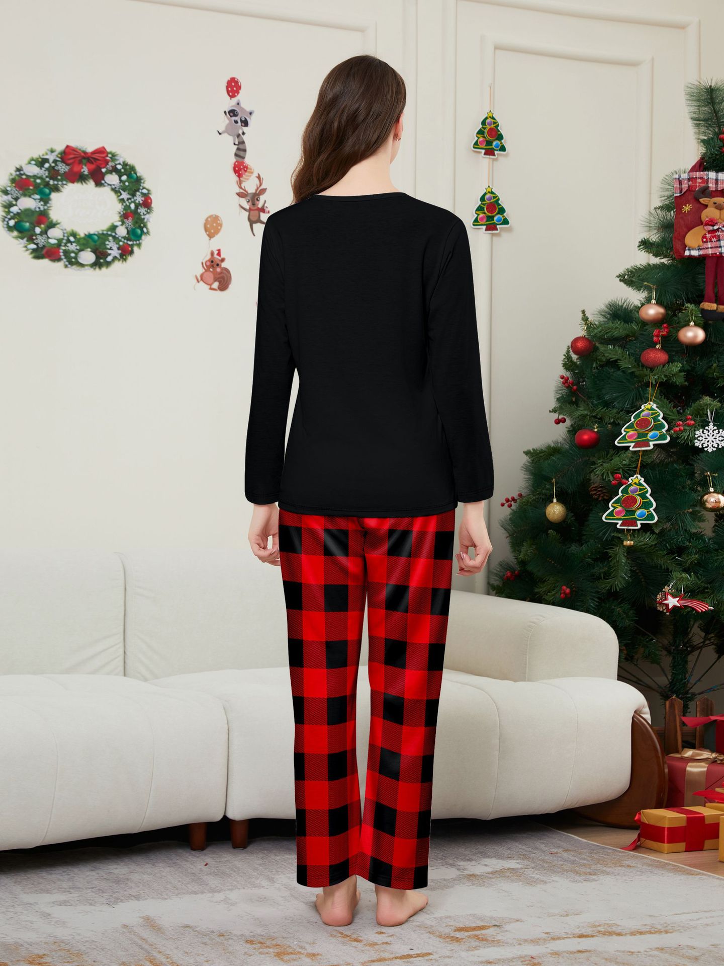 Black Top Red Buffalo Plaid Santa Family Matching Pajamas