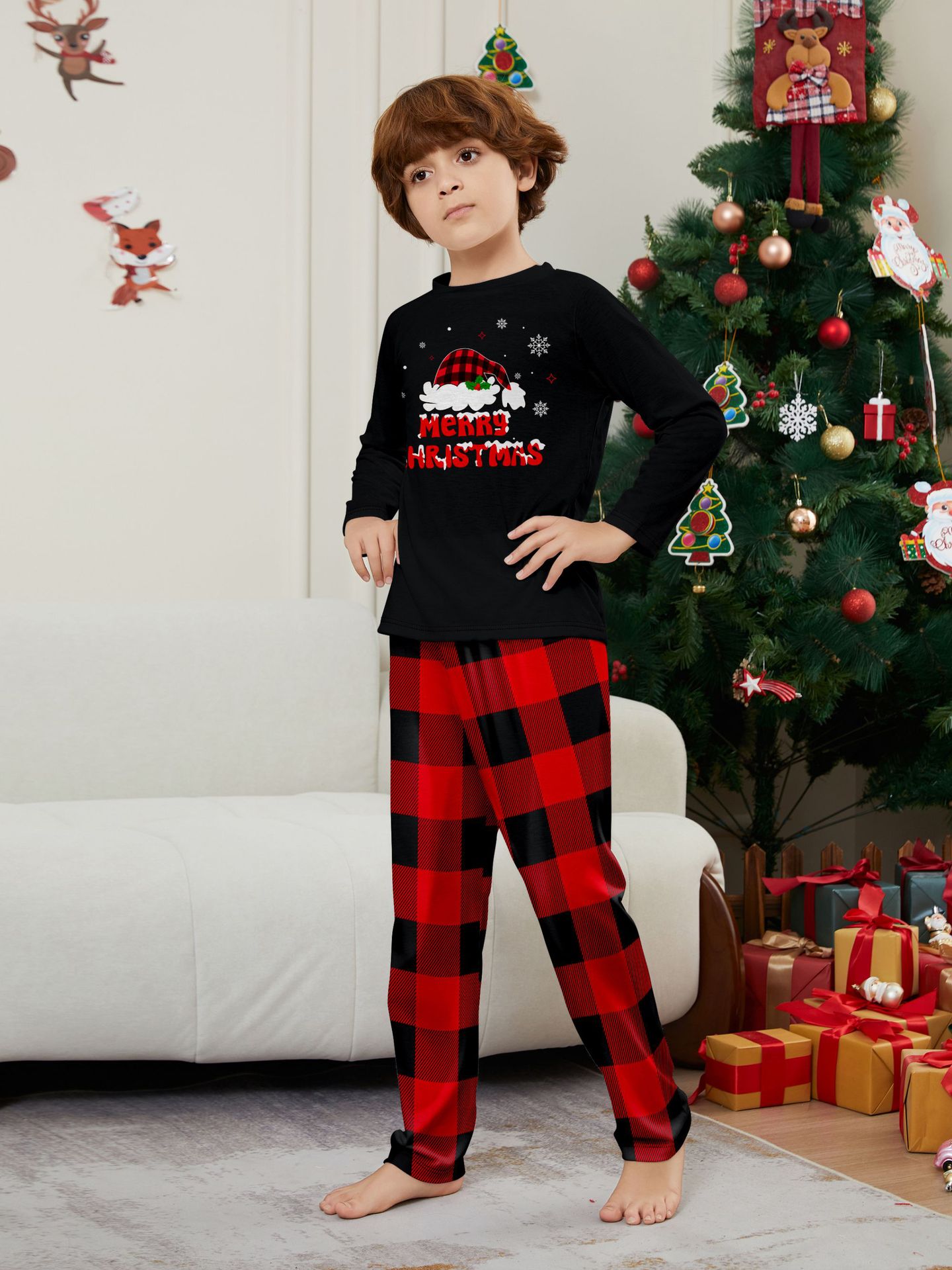 Black Top Red Buffalo Plaid Santa Family Matching Pajamas