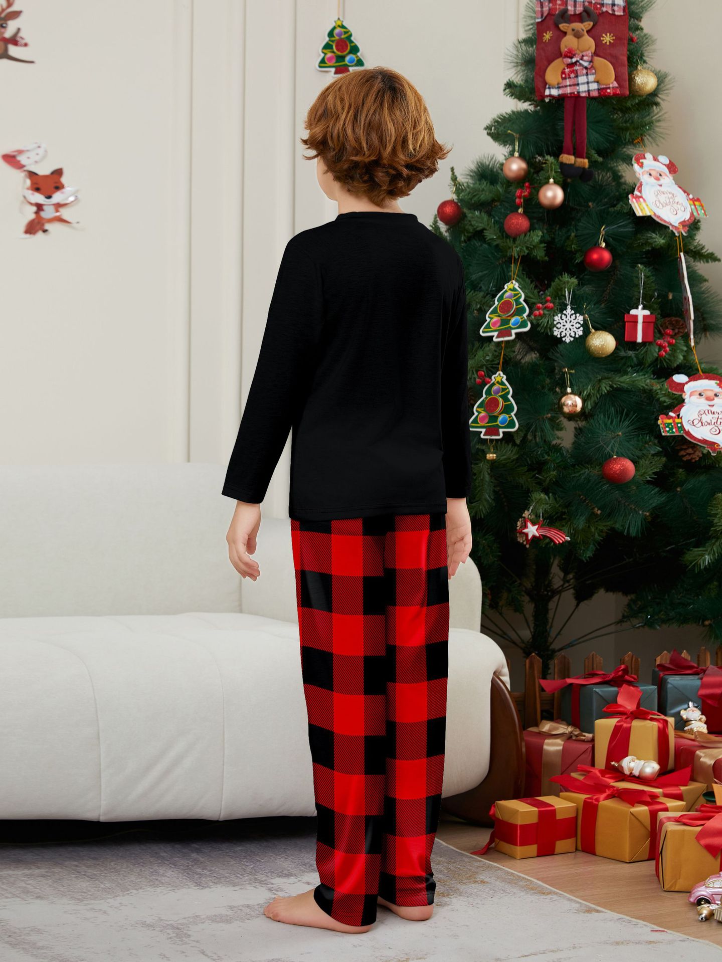 Black Top Red Buffalo Plaid Santa Family Matching Pajamas
