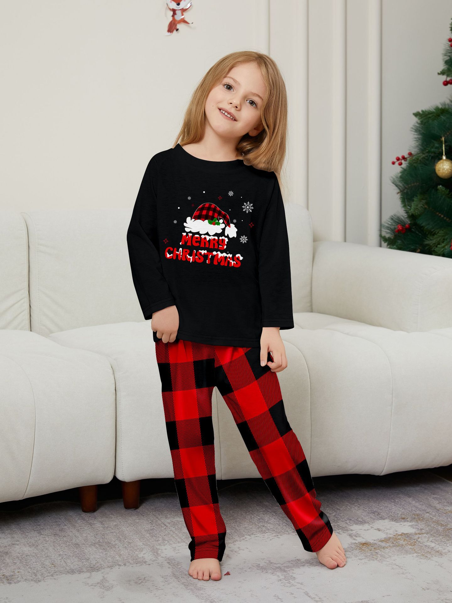 Black Top Red Buffalo Plaid Santa Family Matching Pajamas