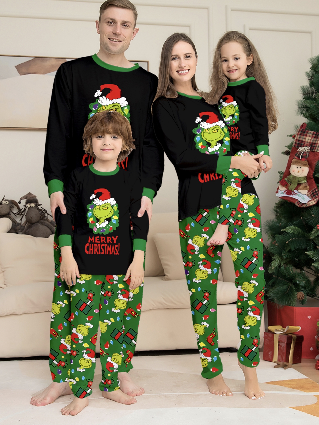 Green Grinch Wreath Family Matching Pajamas