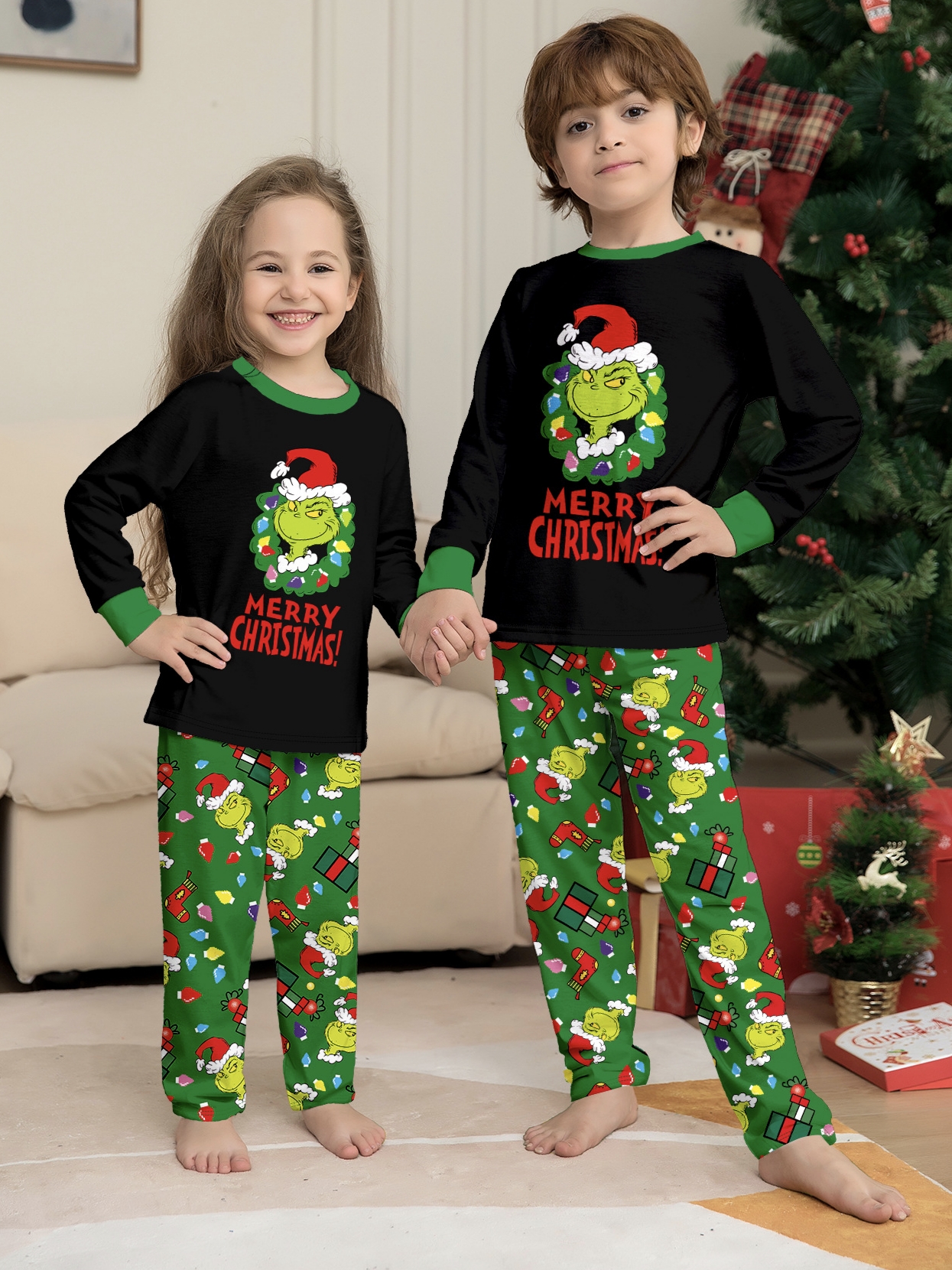 Green Grinch Wreath Family Matching Pajamas