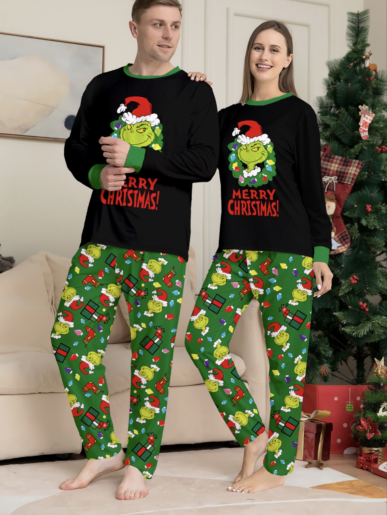 Green Grinch Wreath Family Matching Pajamas