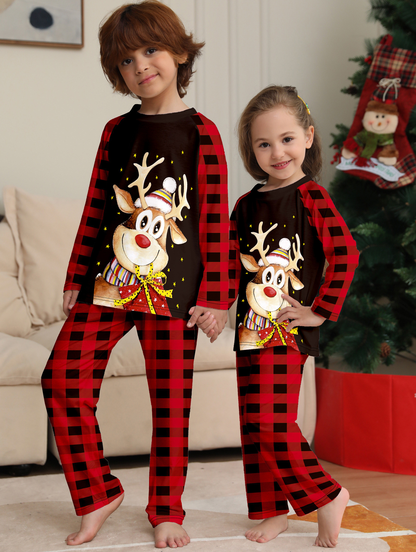 Black Top Red Buffalo Plaid Reindeer Family Matching Pajamas