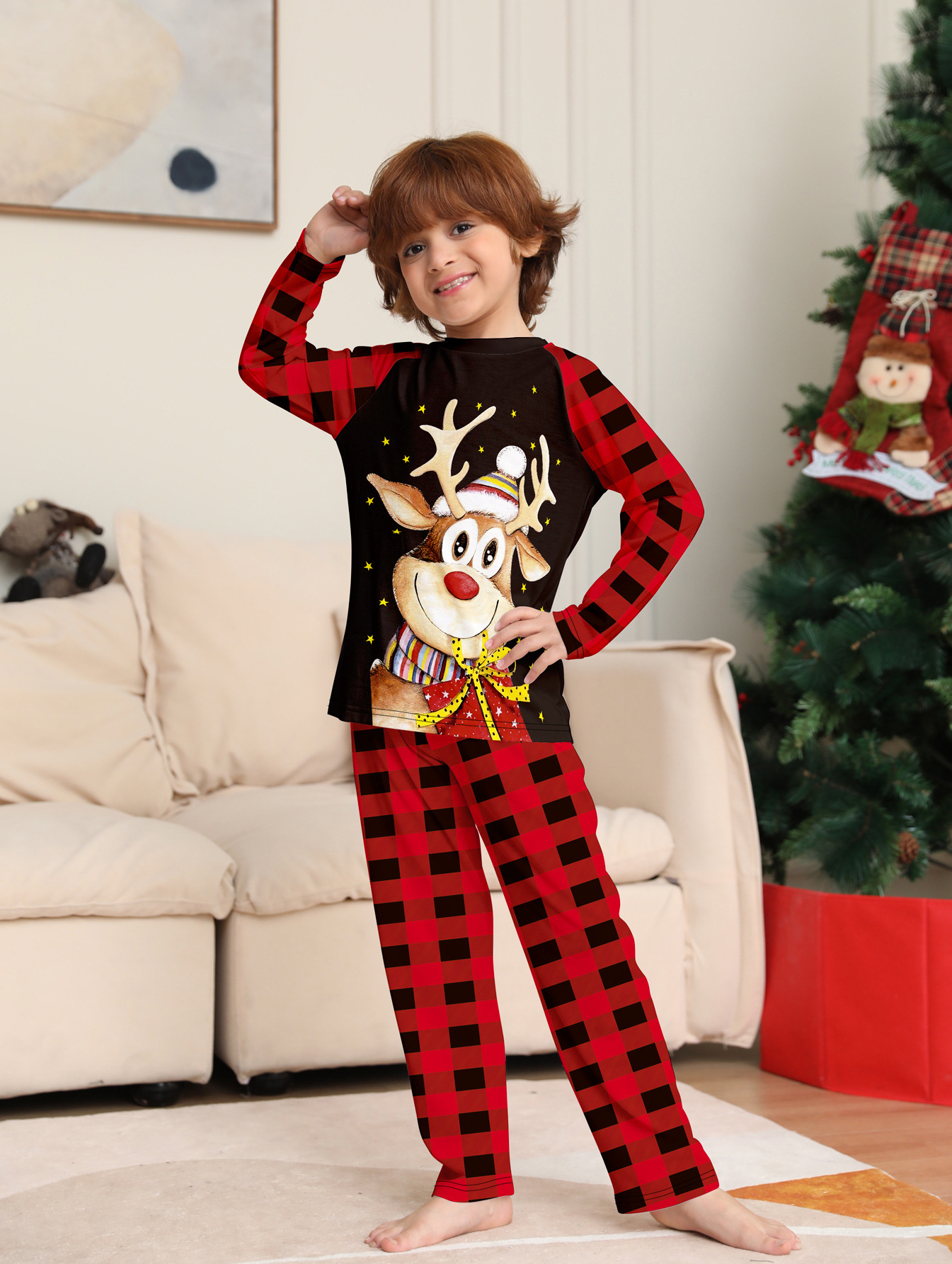 Black Top Red Buffalo Plaid Reindeer Family Matching Pajamas