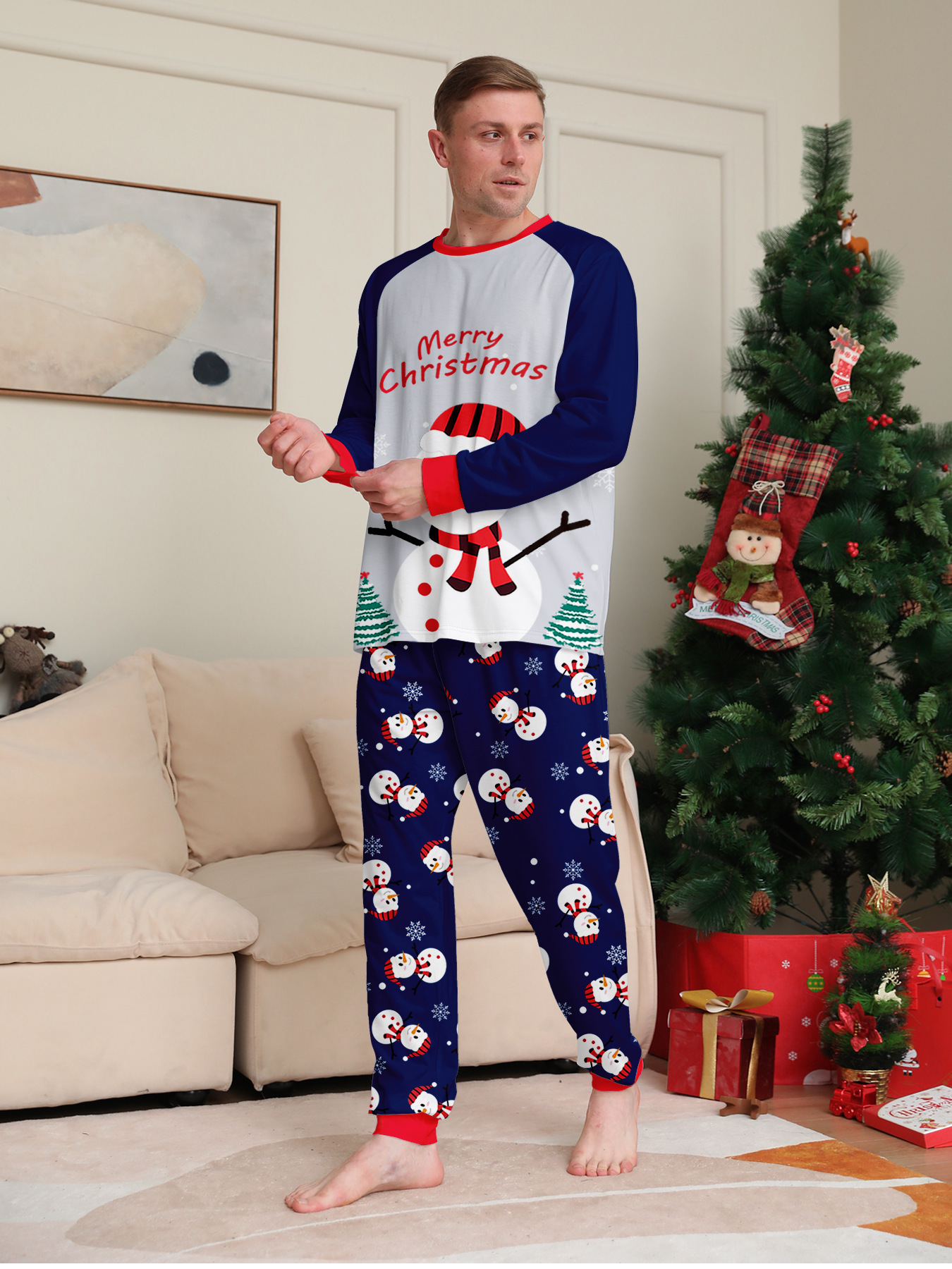 Navy‑Gray Raglan Snowman Family Matching Pajamas