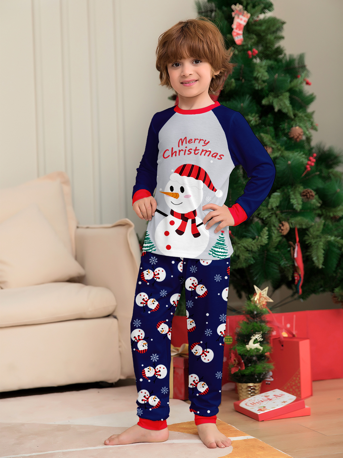 Navy‑Gray Raglan Snowman Family Matching Pajamas